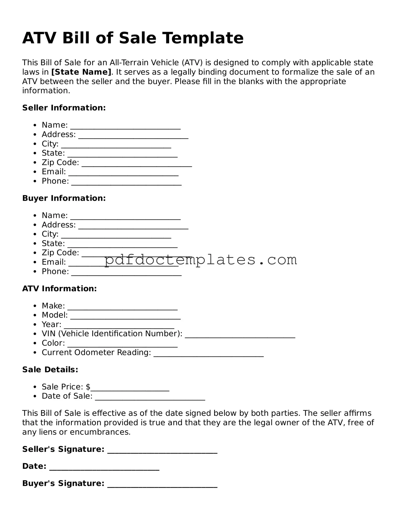 Printable ATV Bill of Sale Template