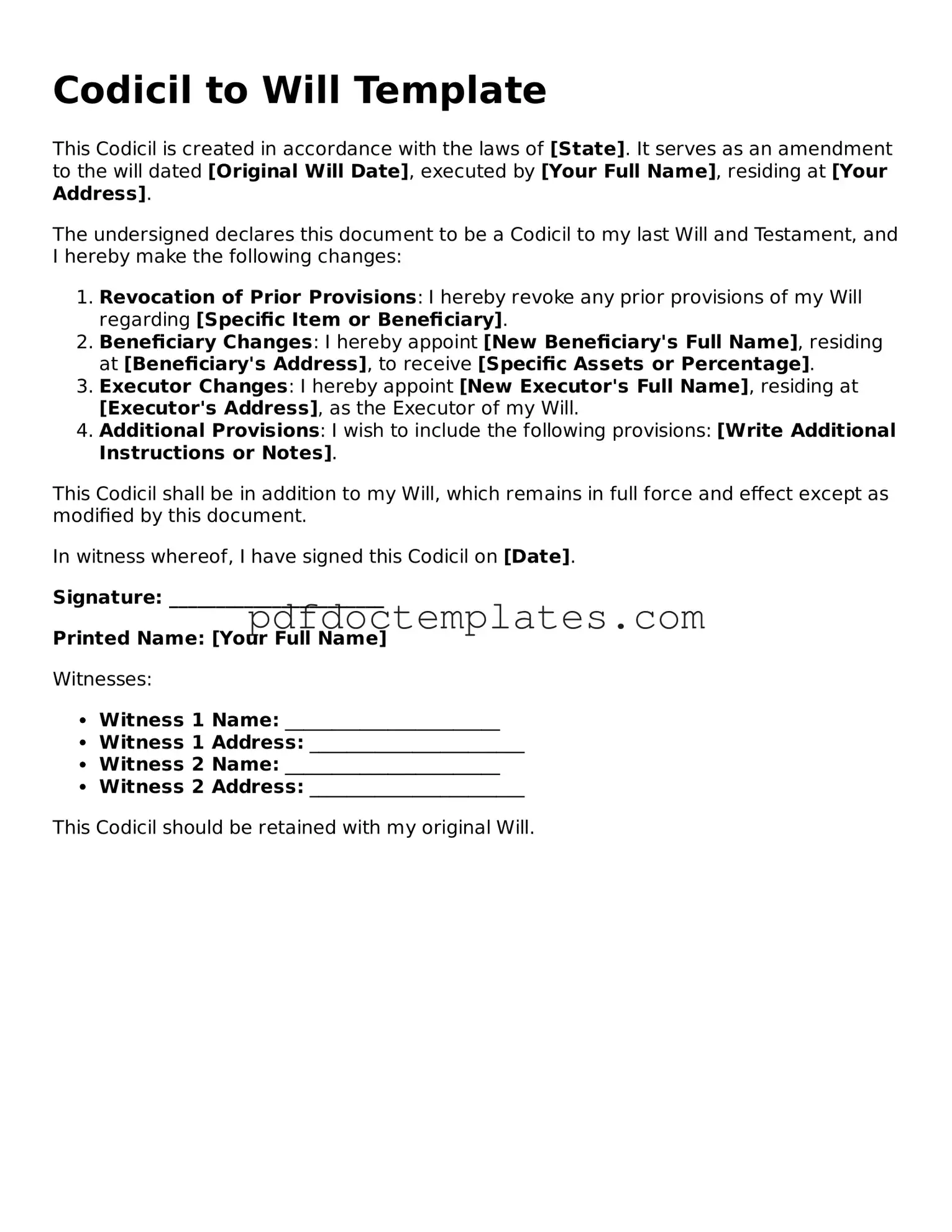 Printable Codicil to Will Template