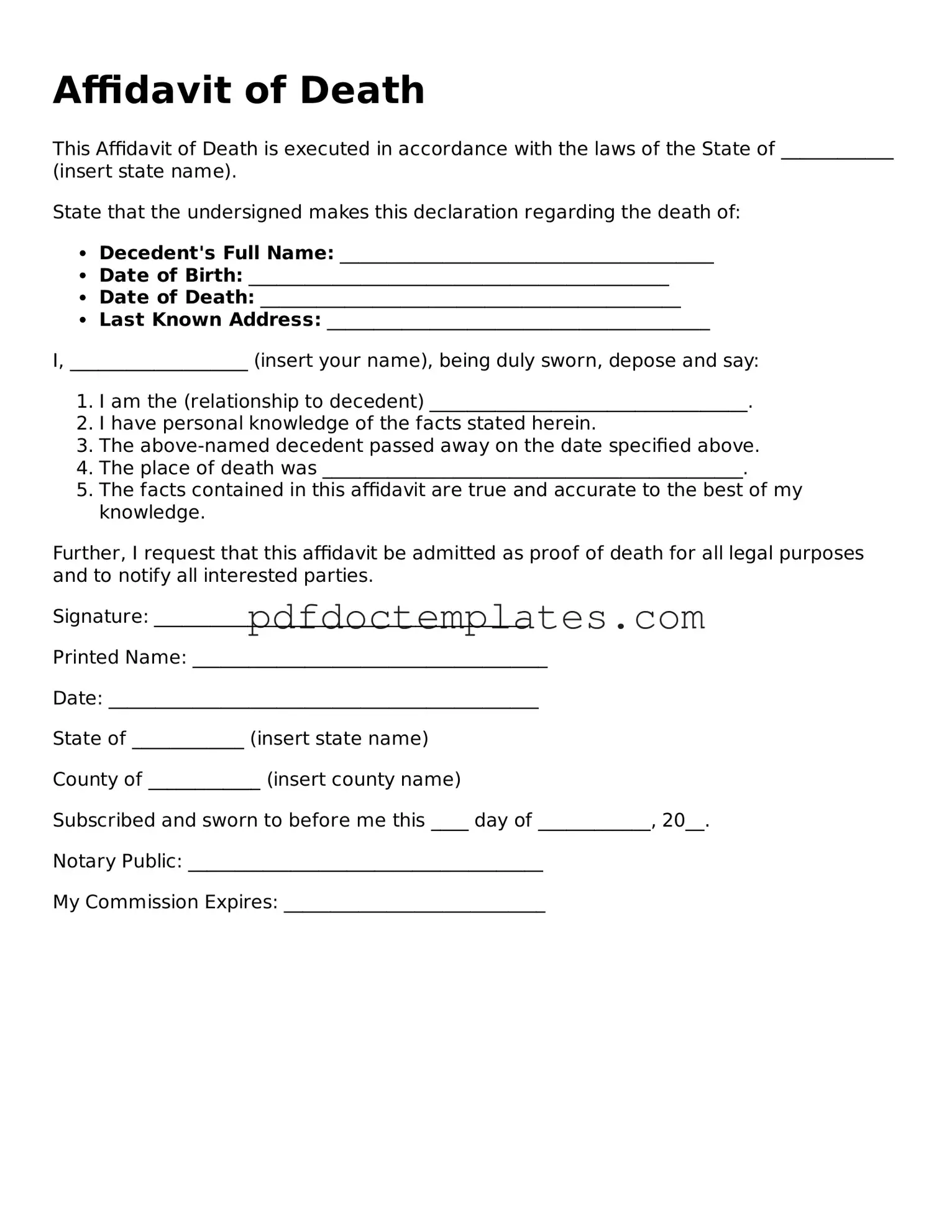 Printable Affidavit of Death Template