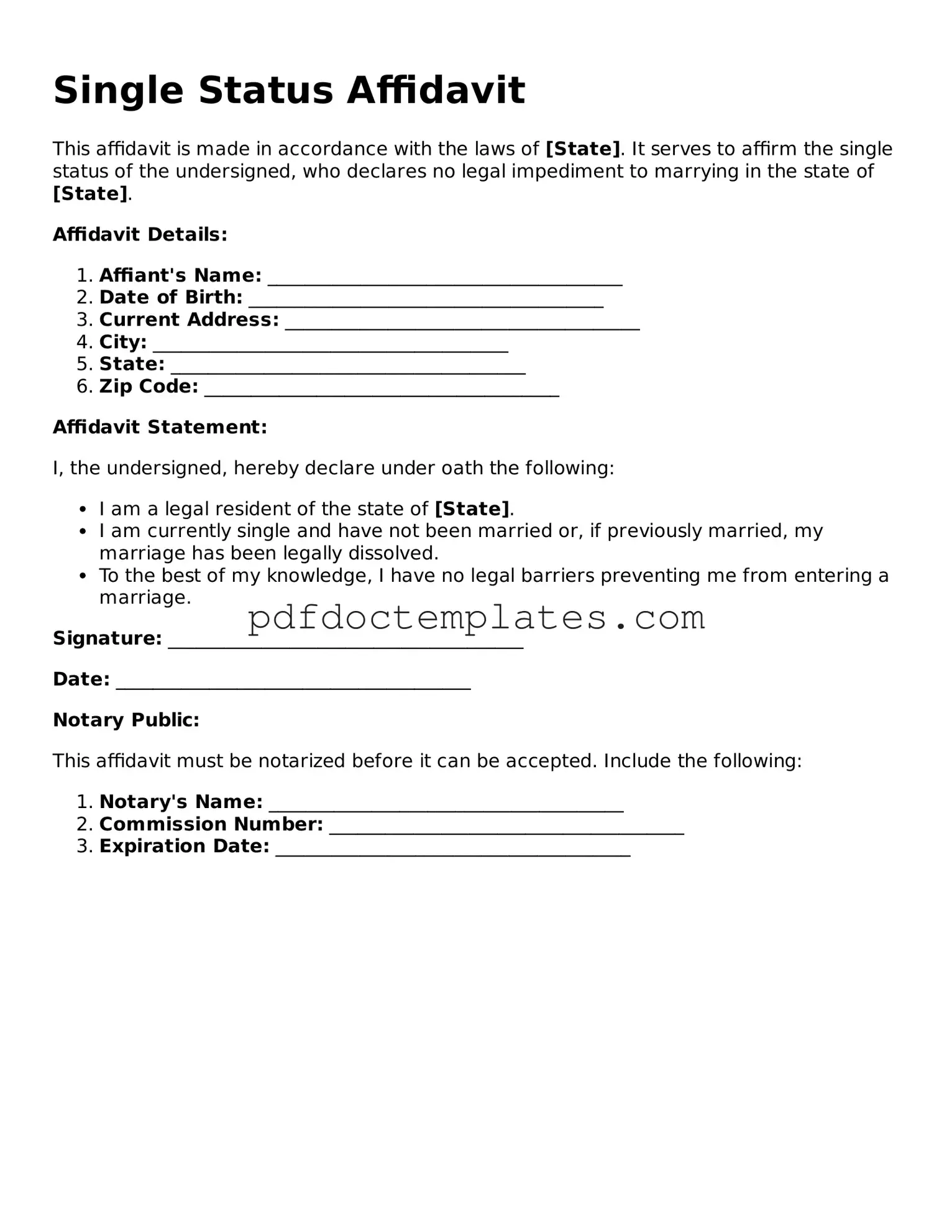 Printable Single Status Affidavit Template