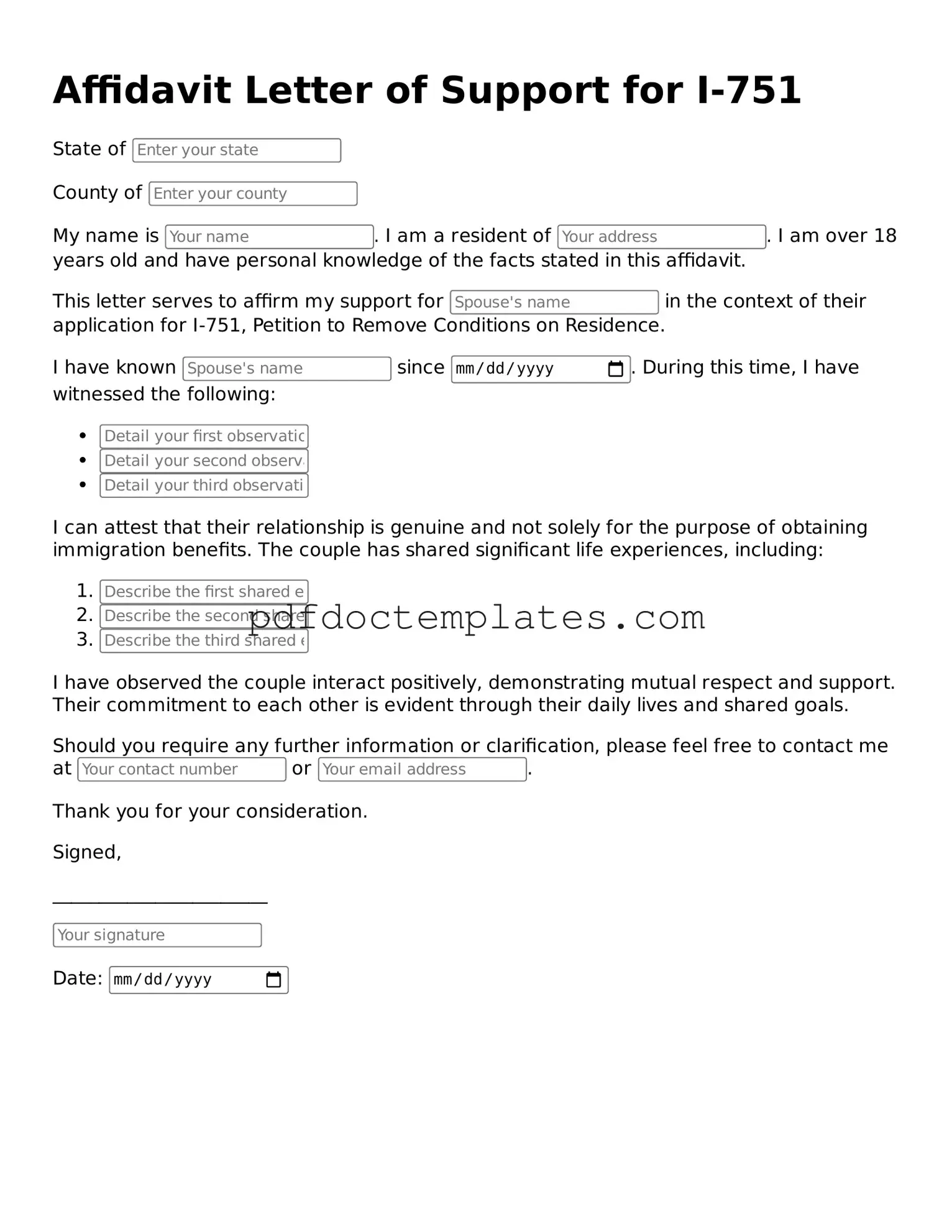 Printable Affidavit Letter of Support for I-751 Template