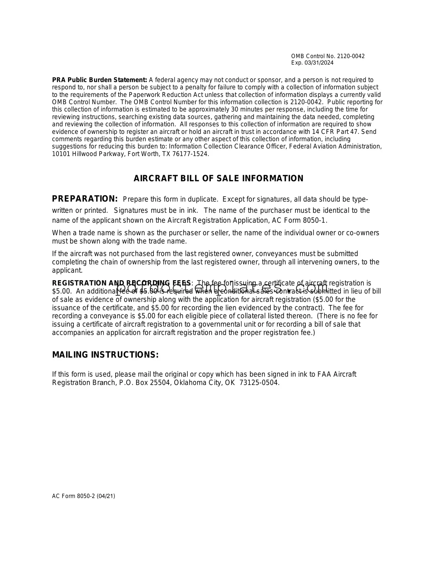 Download Aircraft Bill of Sale AC 8050-2 Template