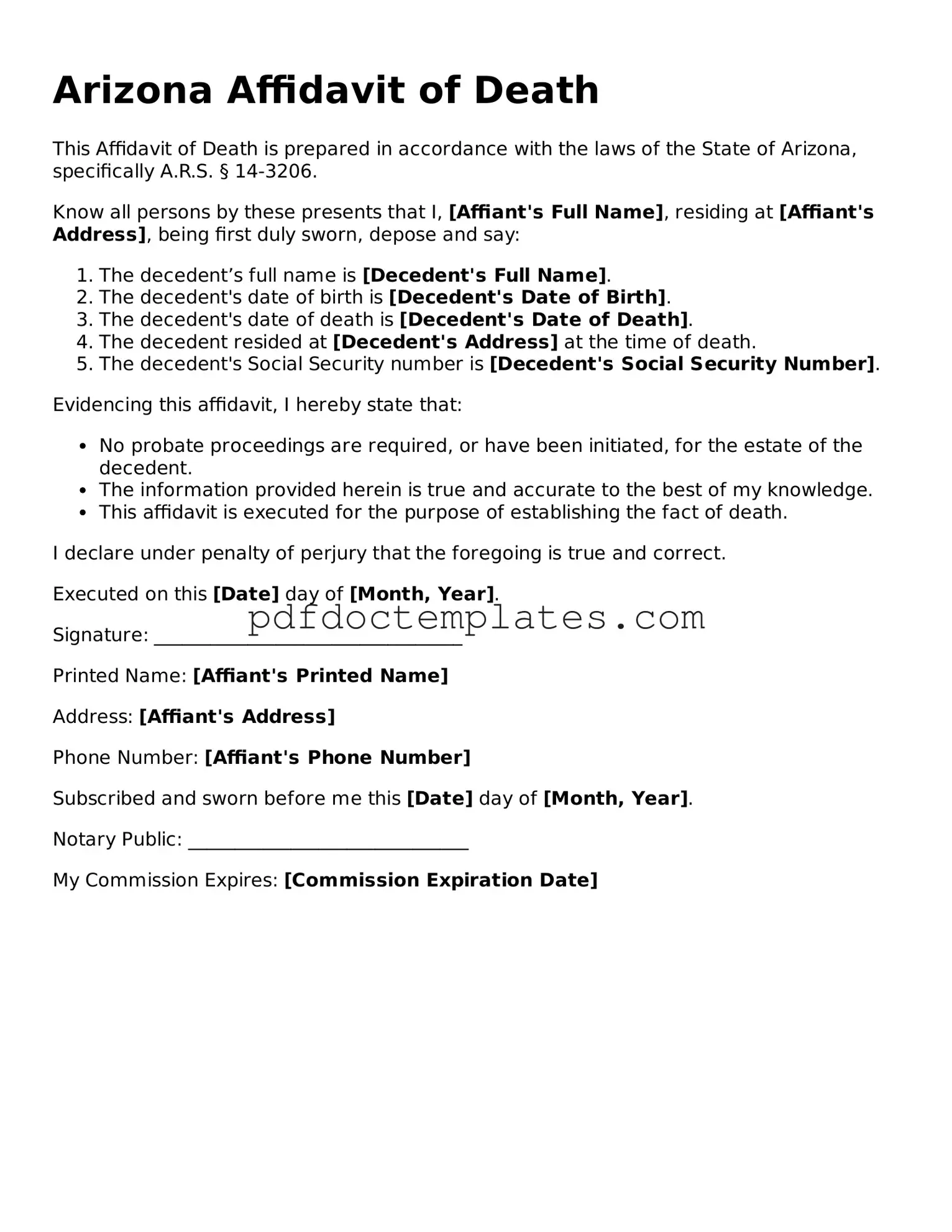 Blank  Affidavit of Death Document for Arizona