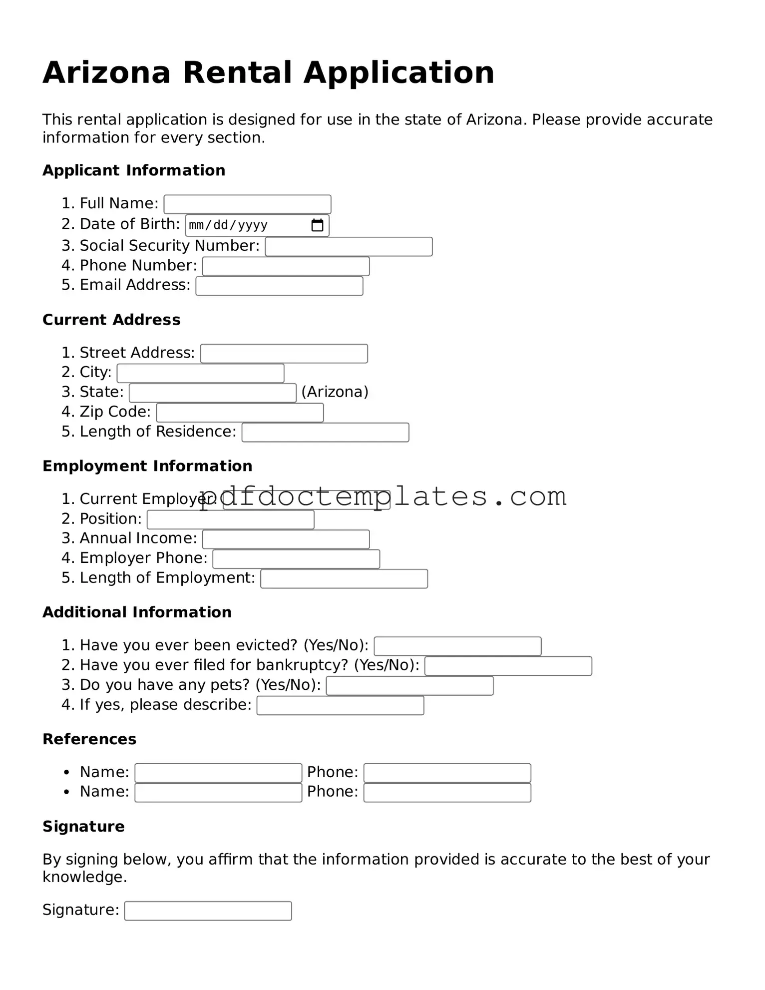 Blank  Rental Application Document for Arizona
