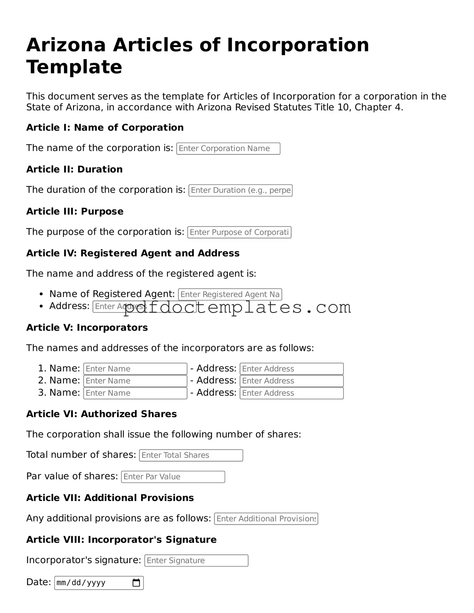 Blank Articles of Incorporation Document for Arizona