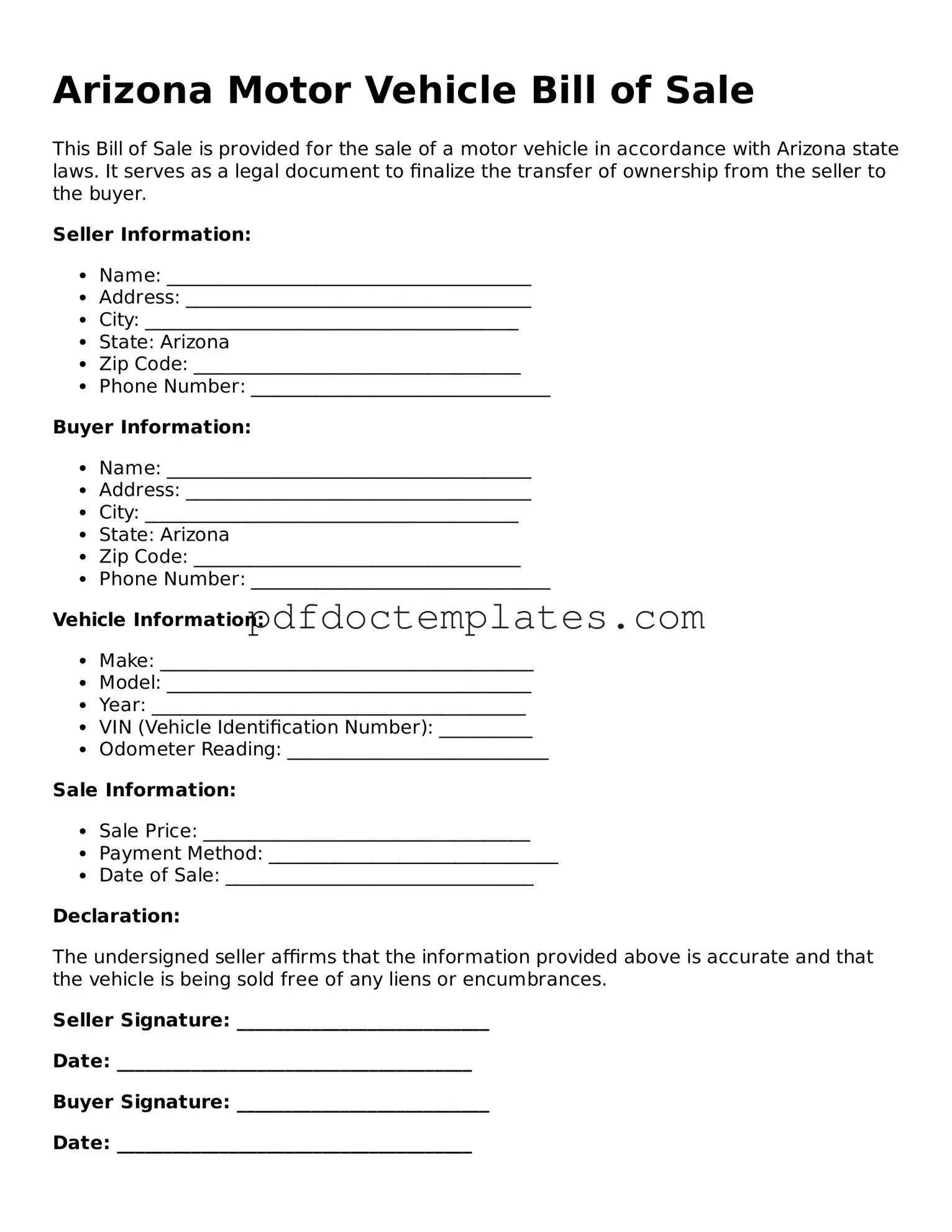 Blank  Motor Vehicle Bill of Sale Document for Arizona