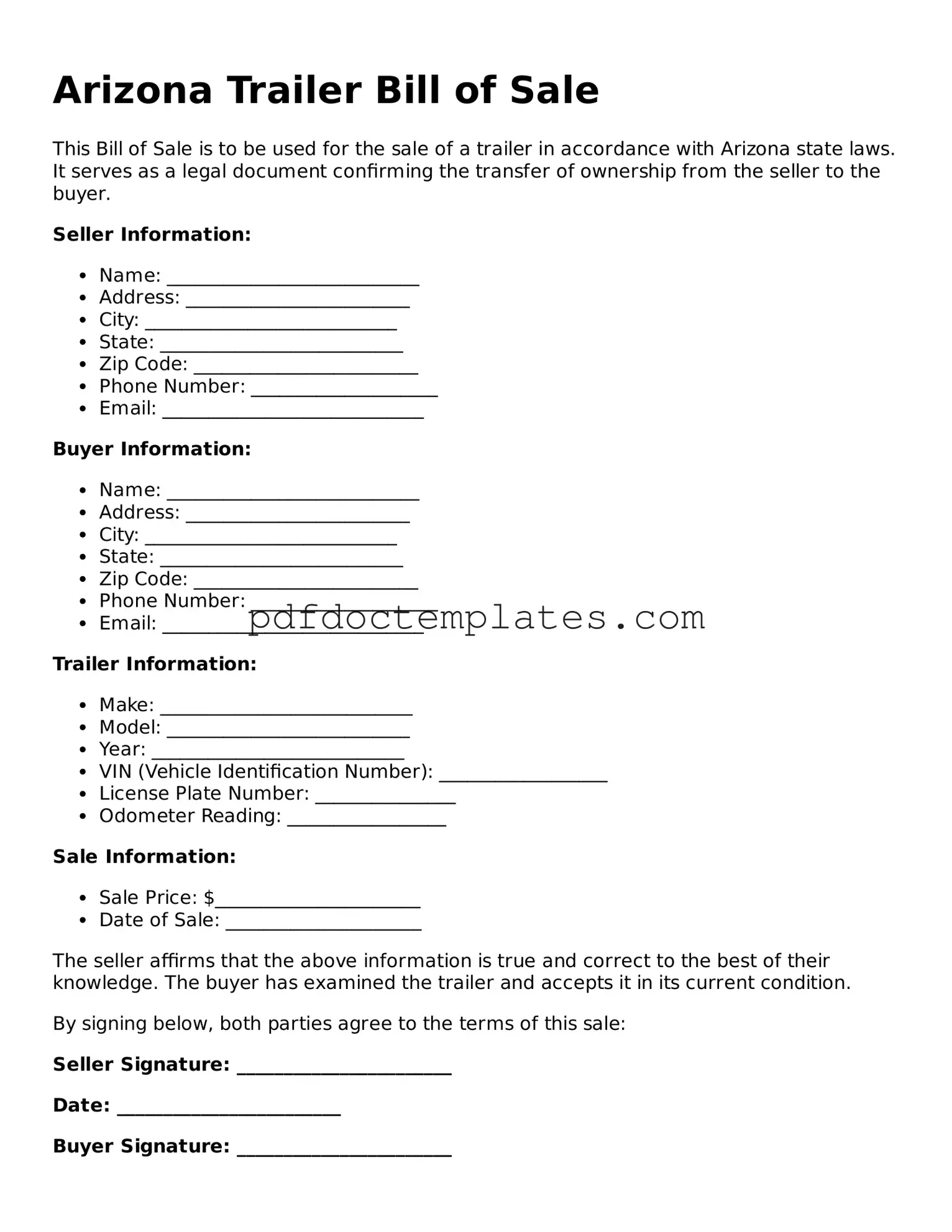 Blank  Trailer Bill of Sale Document for Arizona