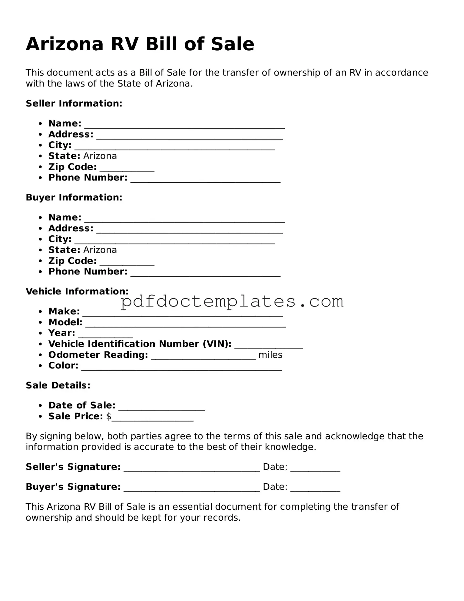 Blank  RV Bill of Sale Document for Arizona