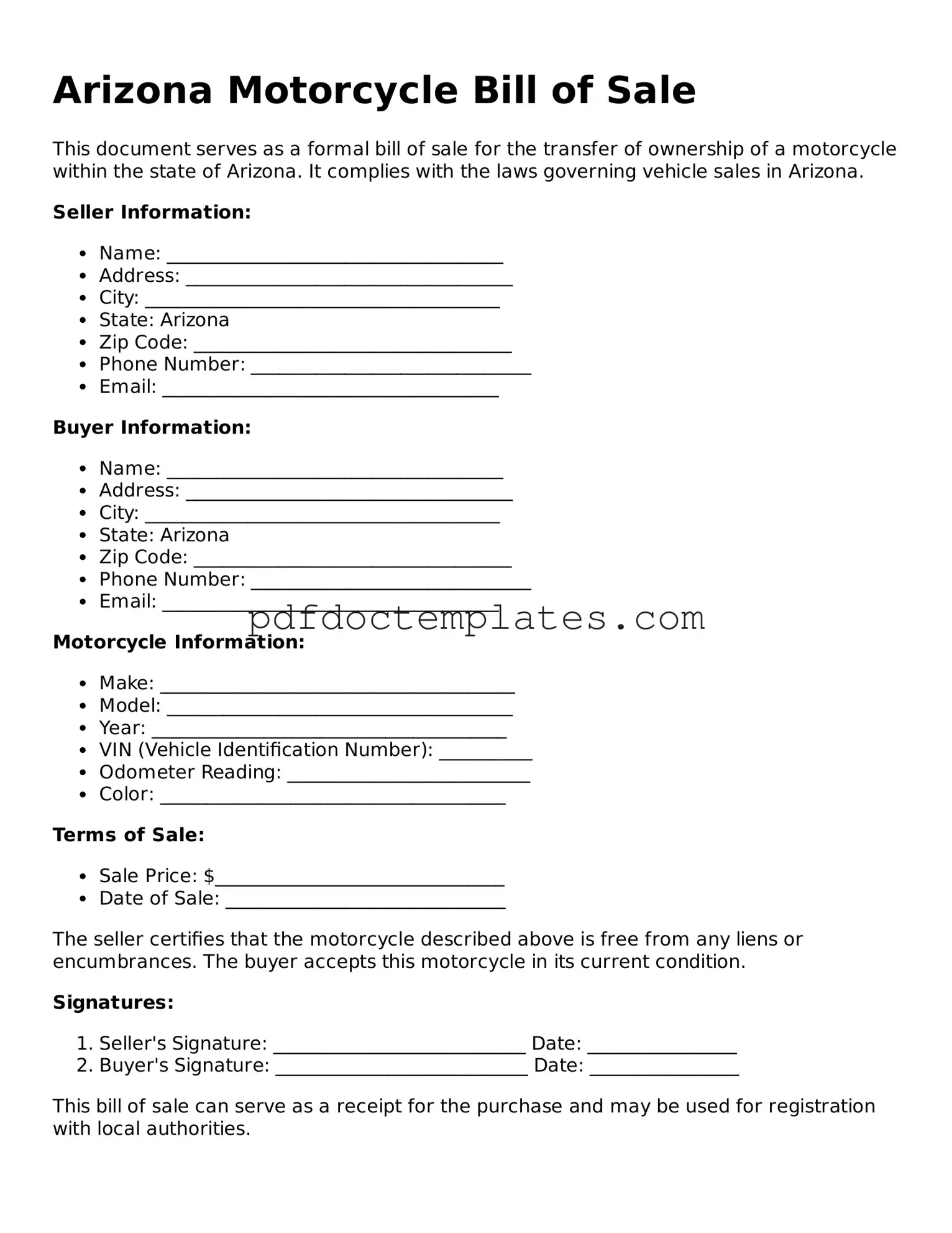 Blank  Motorcycle Bill of Sale Document for Arizona