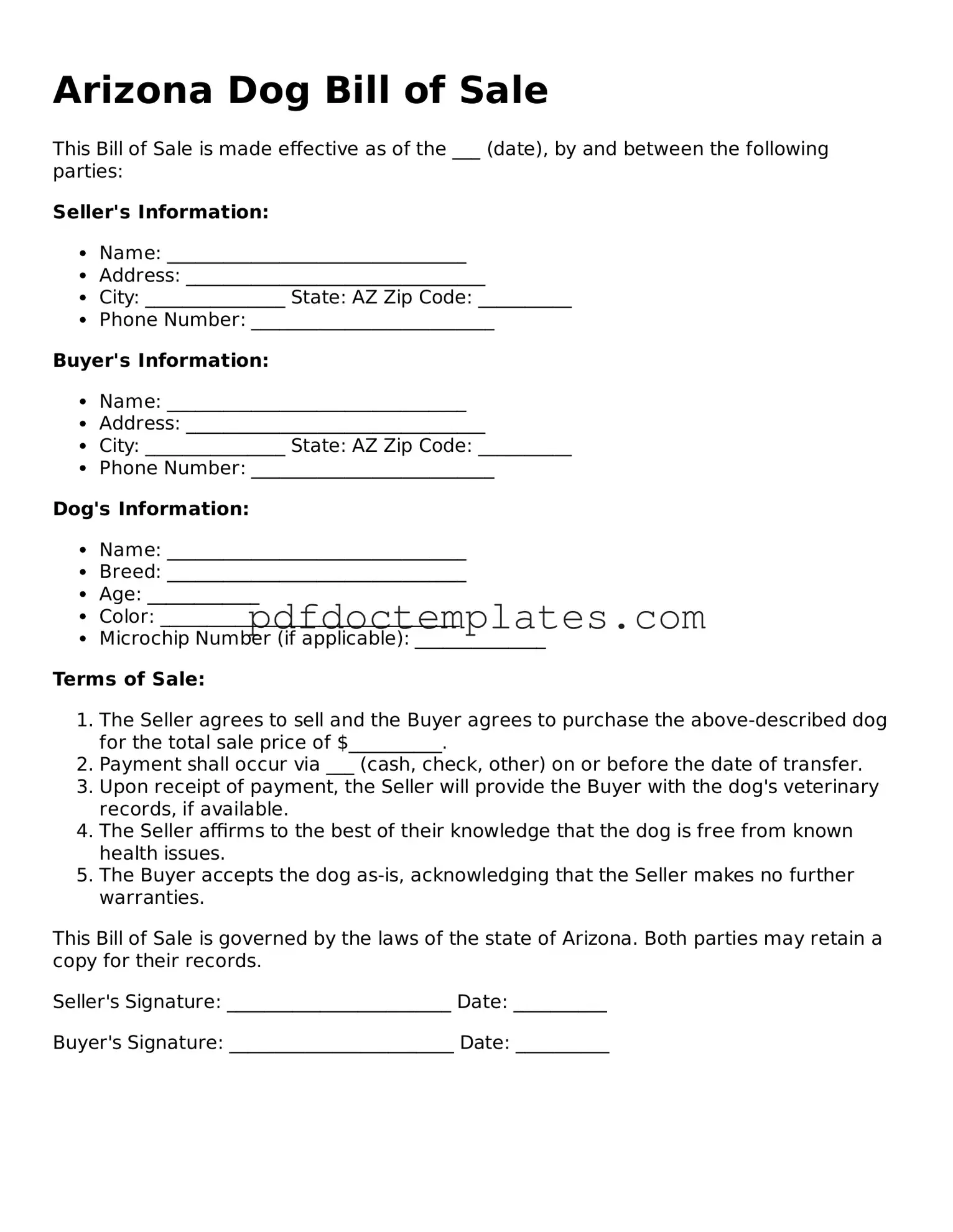 Blank  Dog Bill of Sale Document for Arizona