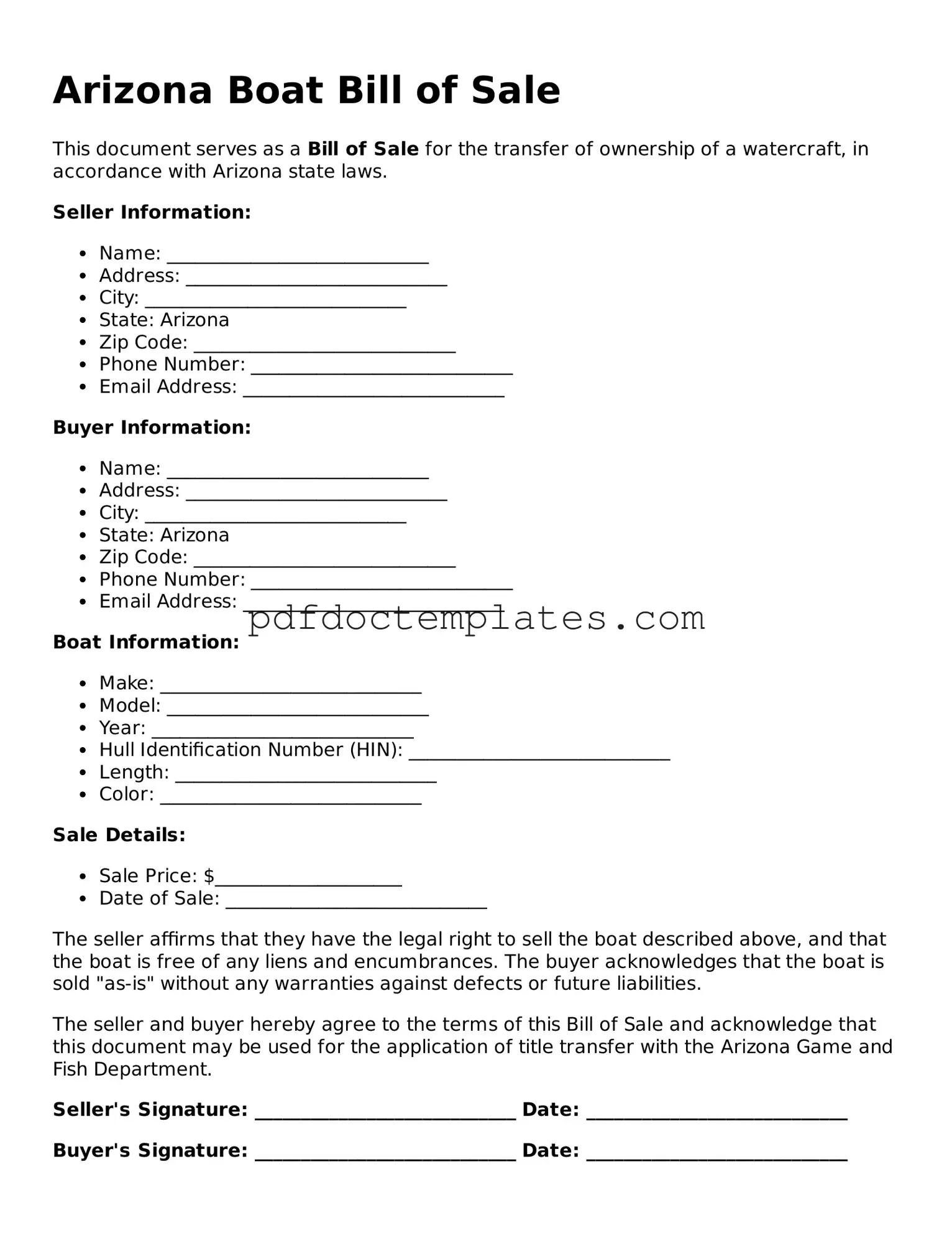 Blank  Boat Bill of Sale Document for Arizona