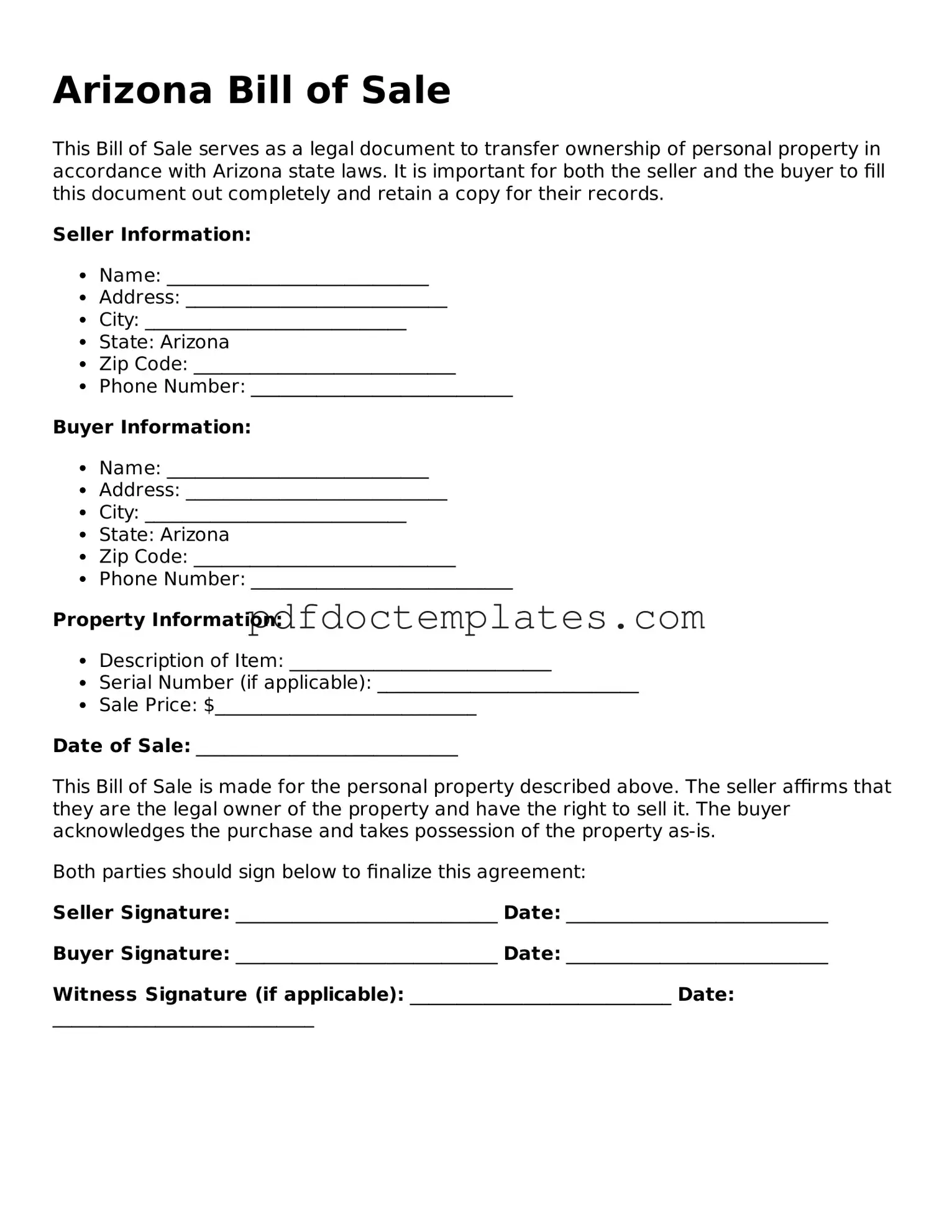 Blank  Bill of Sale Document for Arizona