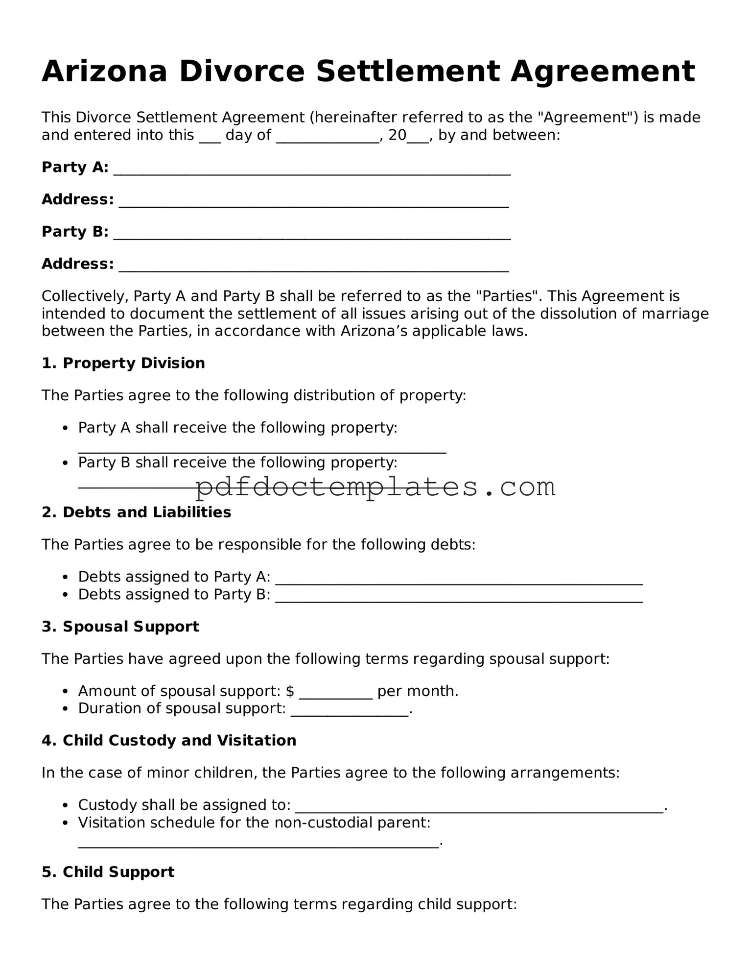 Blank  Divorce Settlement Agreement Document for Arizona