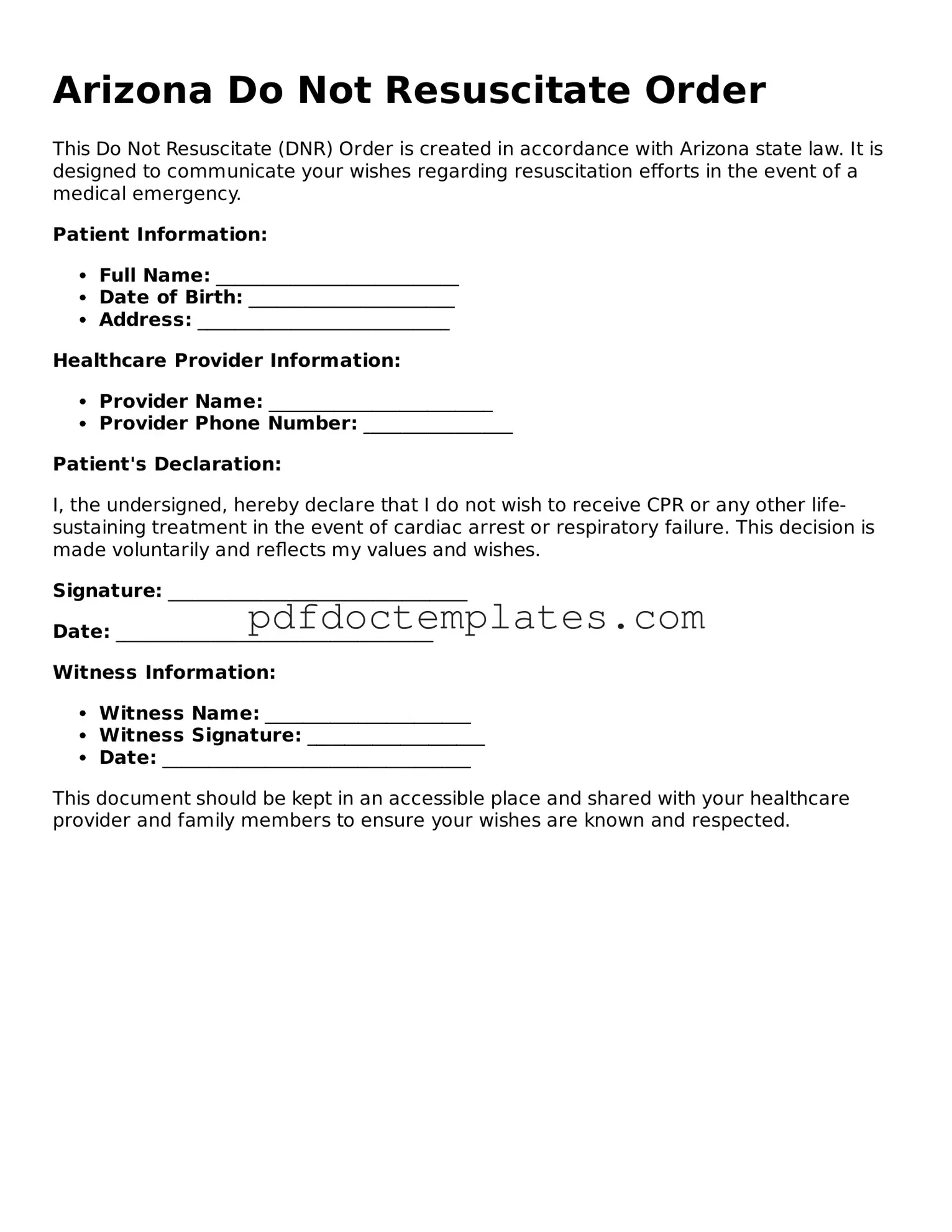 Blank  Do Not Resuscitate Order Document for Arizona