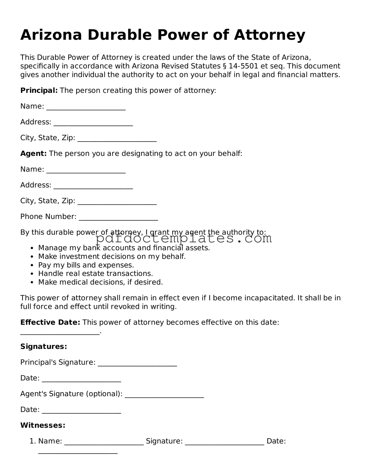 Blank  Durable Power of Attorney Document for Arizona