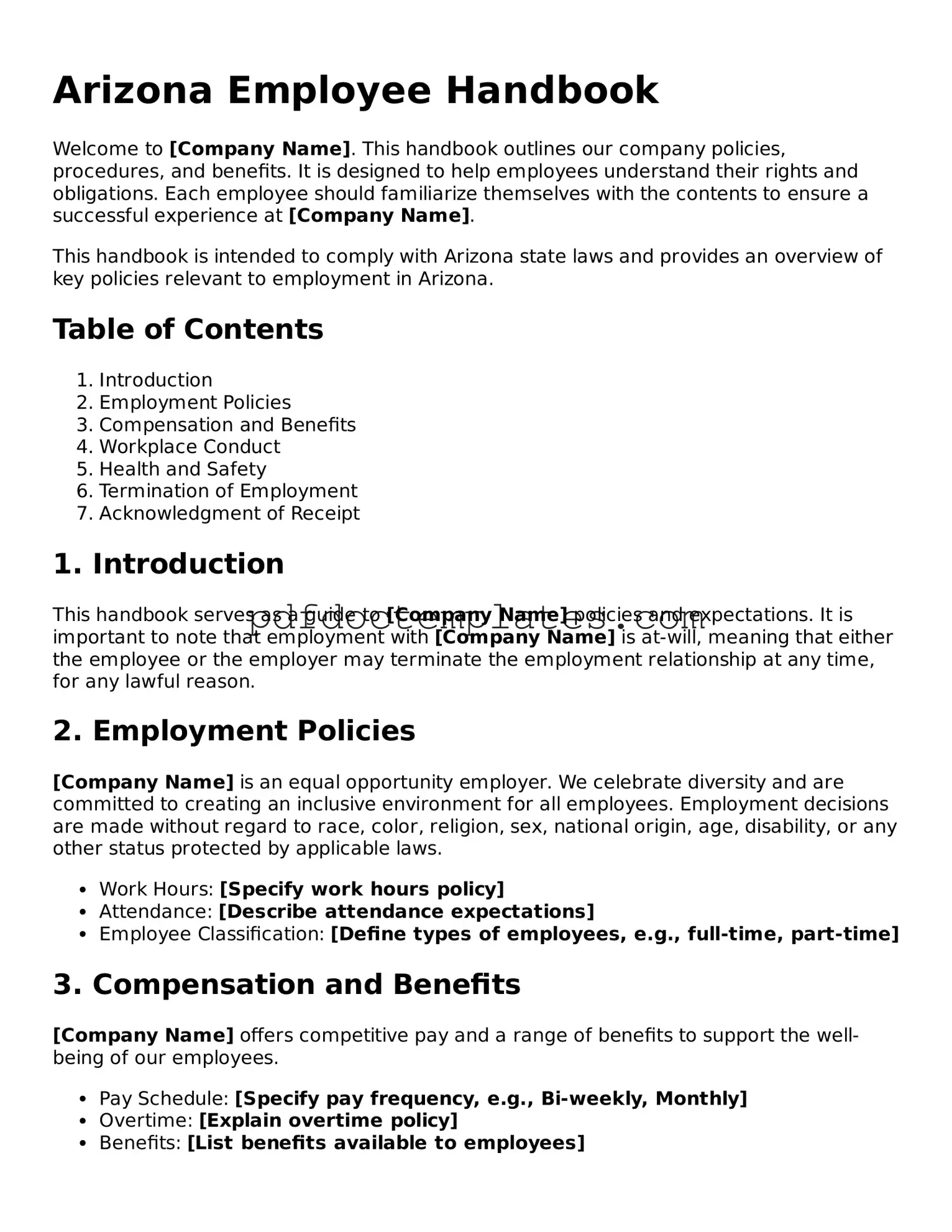 Blank  Employee Handbook Document for Arizona