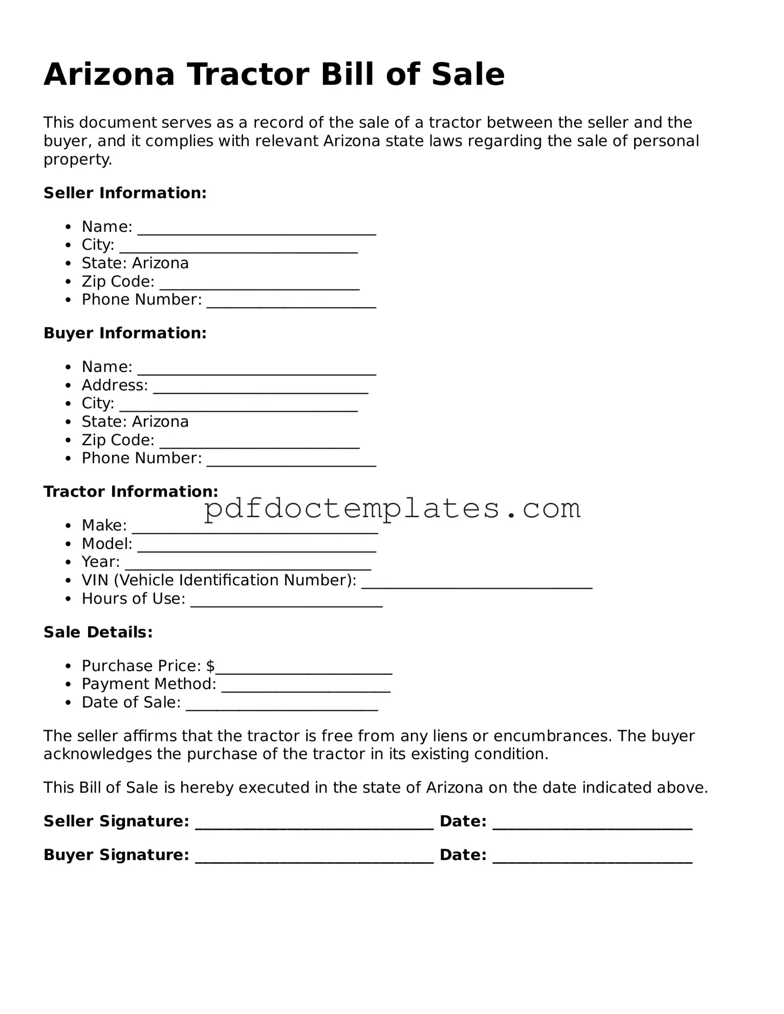 Blank  Tractor Bill of Sale Document for Arizona