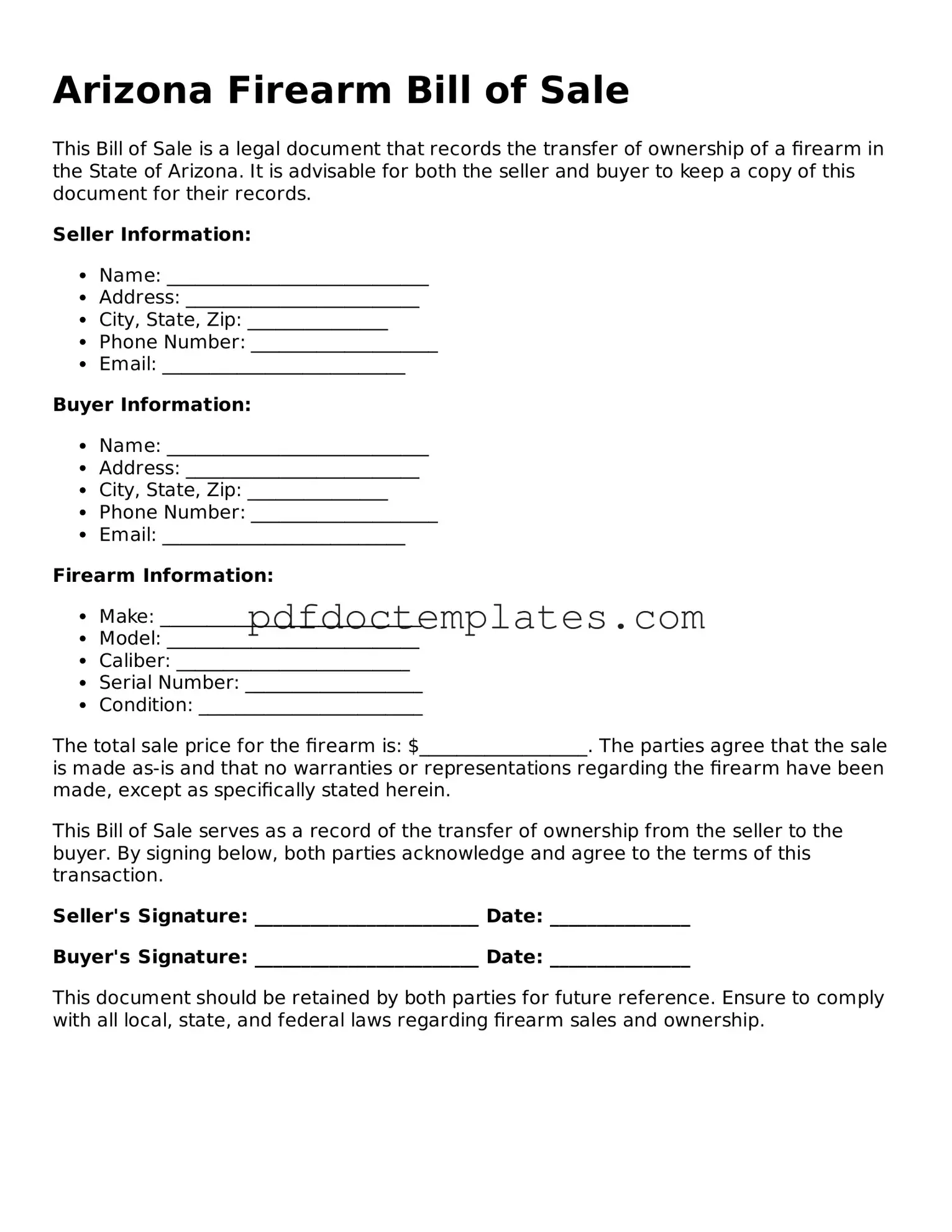 Blank  Firearm Bill of Sale Document for Arizona
