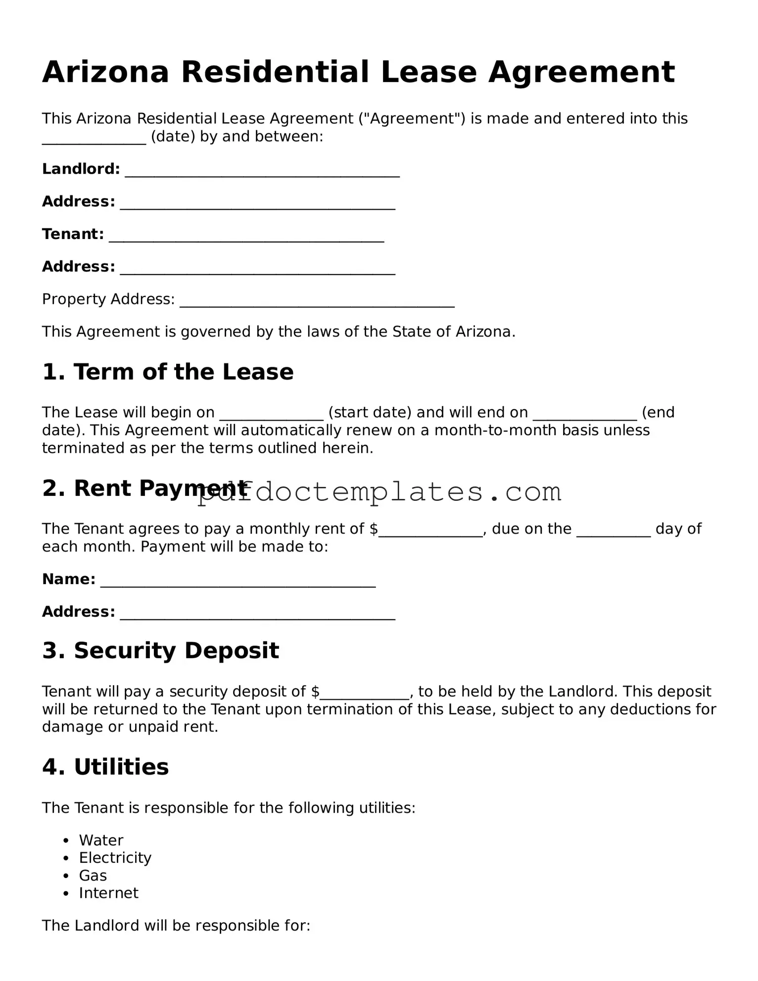 Blank  Residential Lease Agreement Document for Arizona