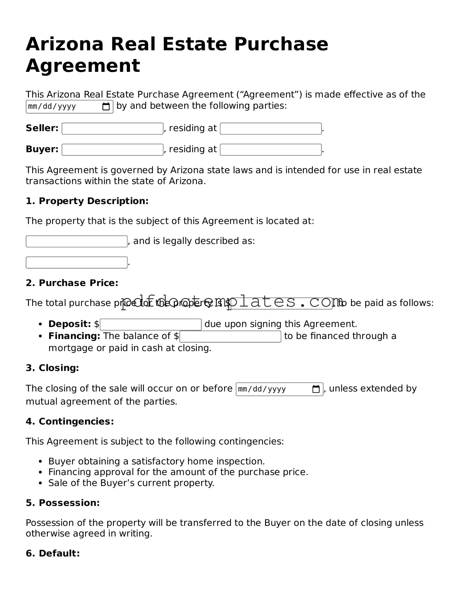 Blank Real Estate Purchase Agreement Document for Arizona
