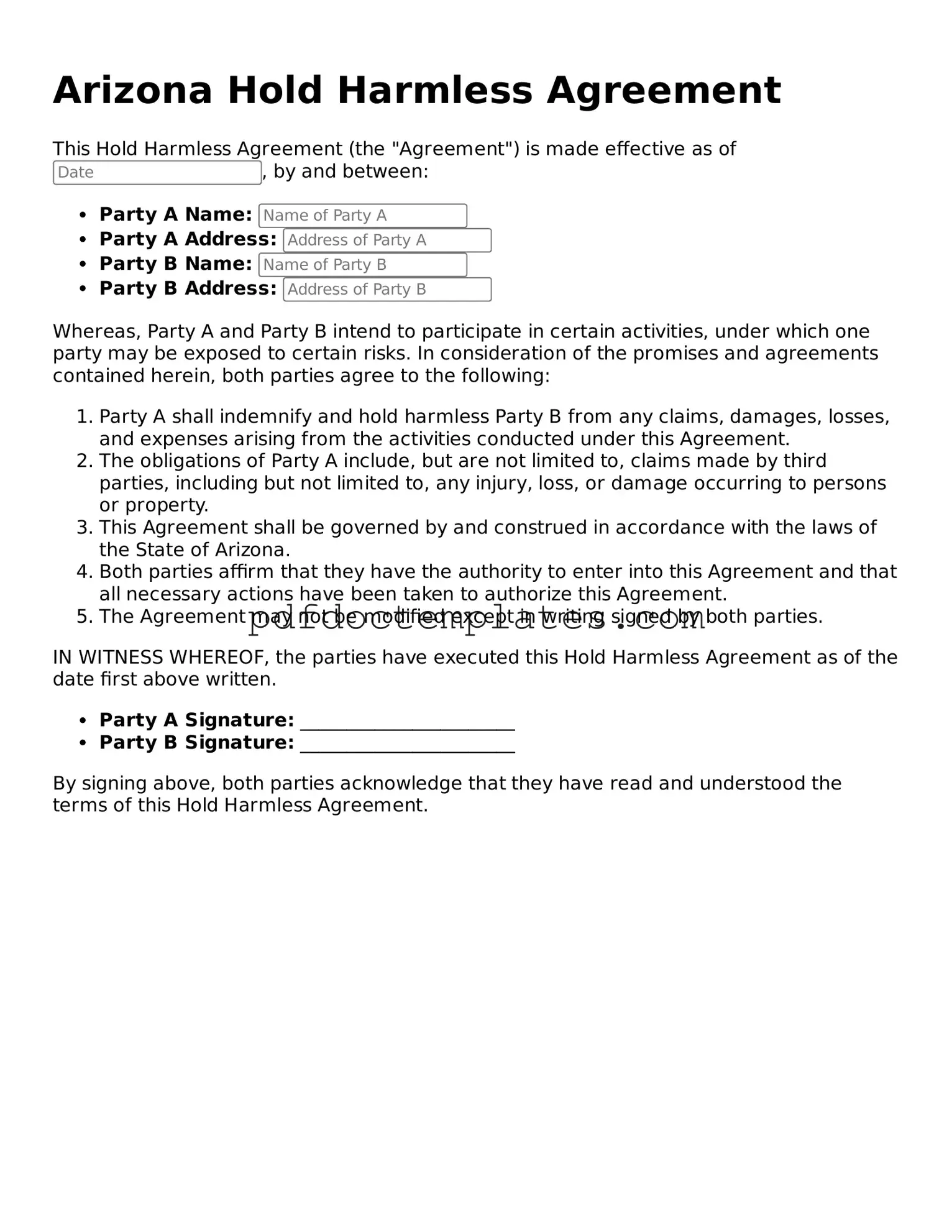 Blank  Hold Harmless Agreement Document for Arizona