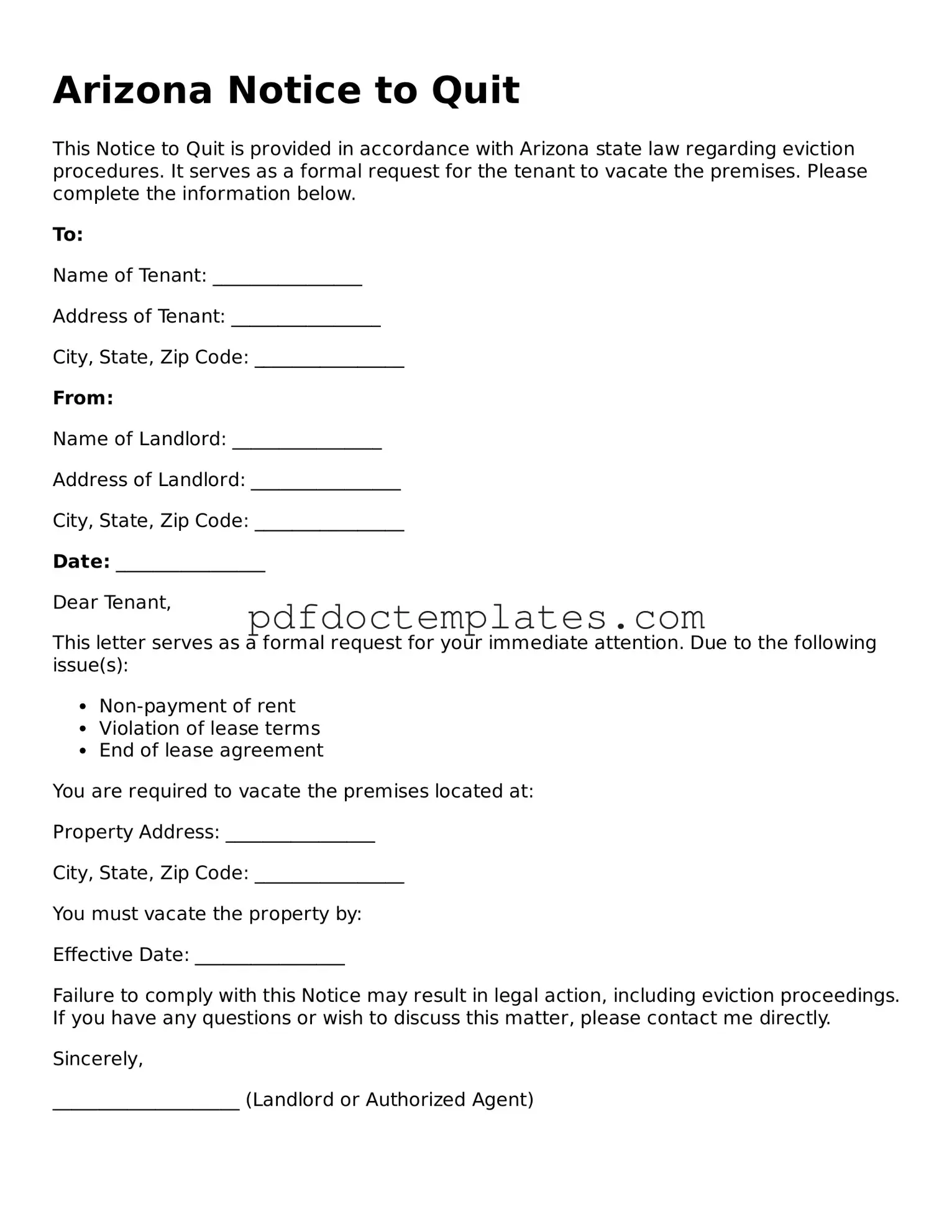 Blank  Notice to Quit Document for Arizona