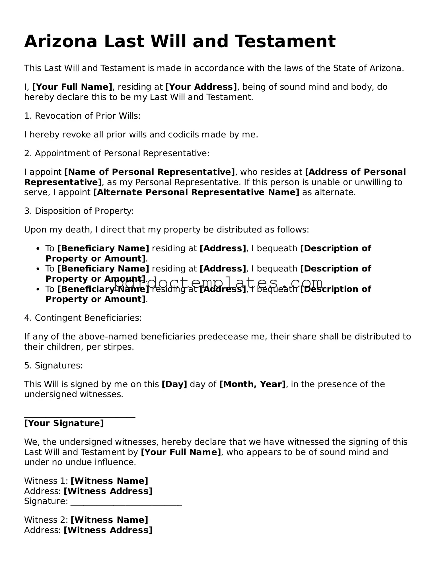 Blank  Last Will and Testament Document for Arizona