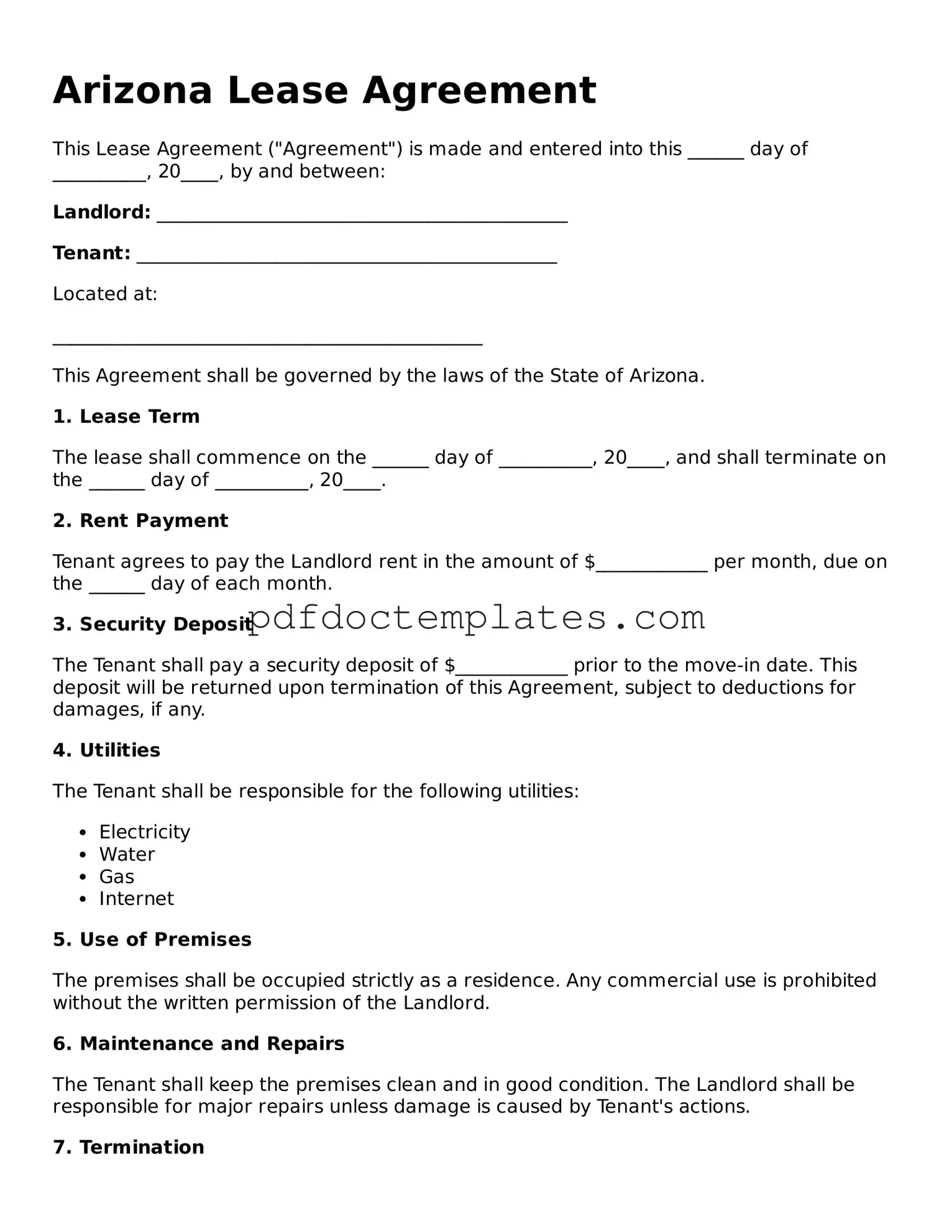 Blank  Lease Agreement Document for Arizona