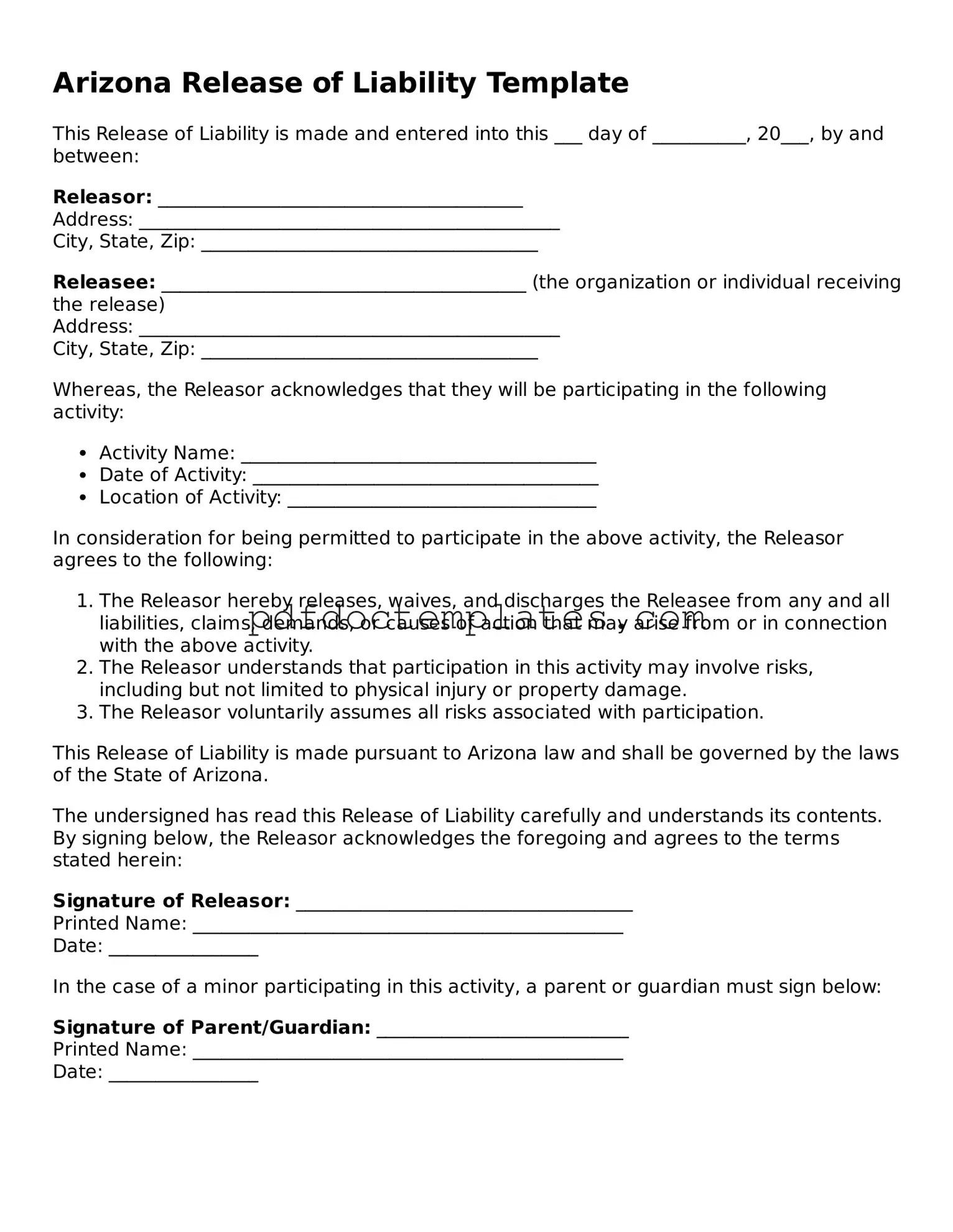 Blank  Release of Liability Document for Arizona