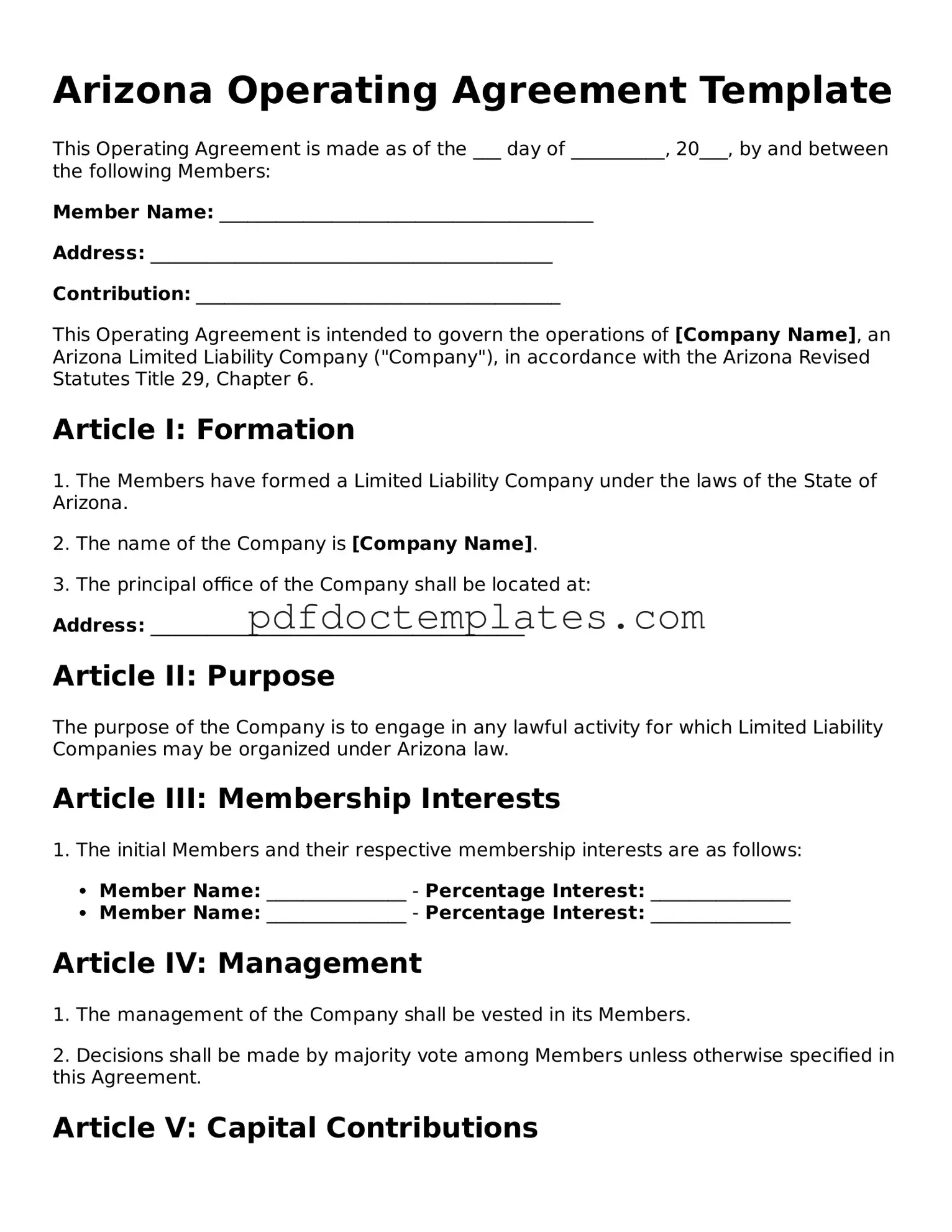 Blank  Operating Agreement Document for Arizona