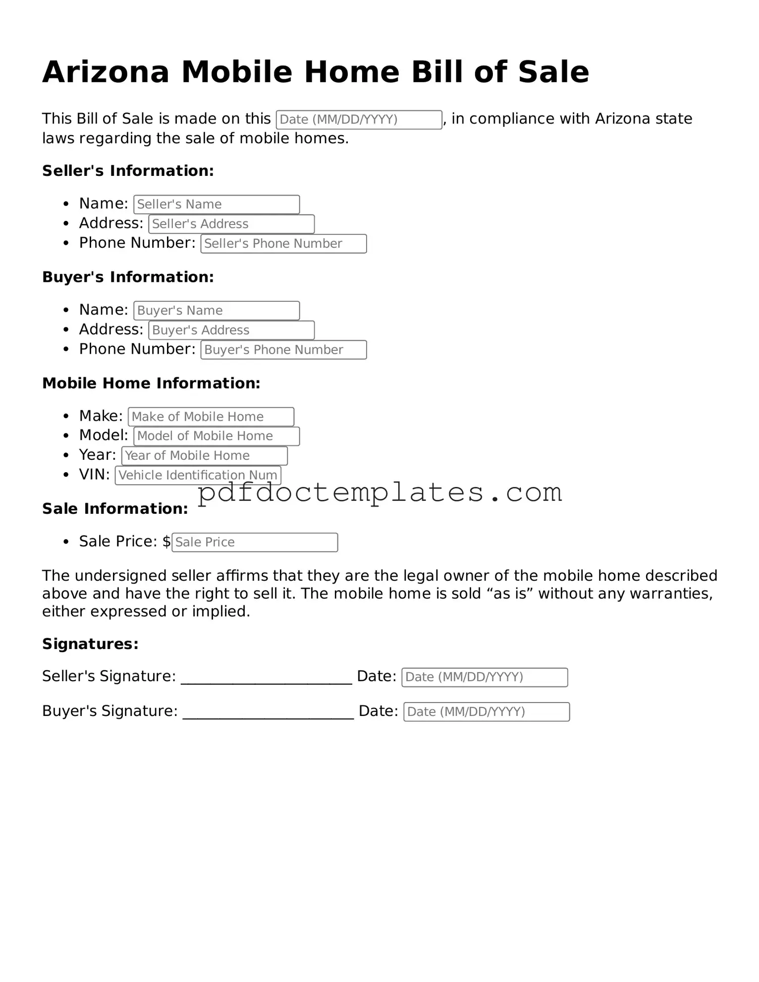 Blank  Mobile Home Bill of Sale Document for Arizona