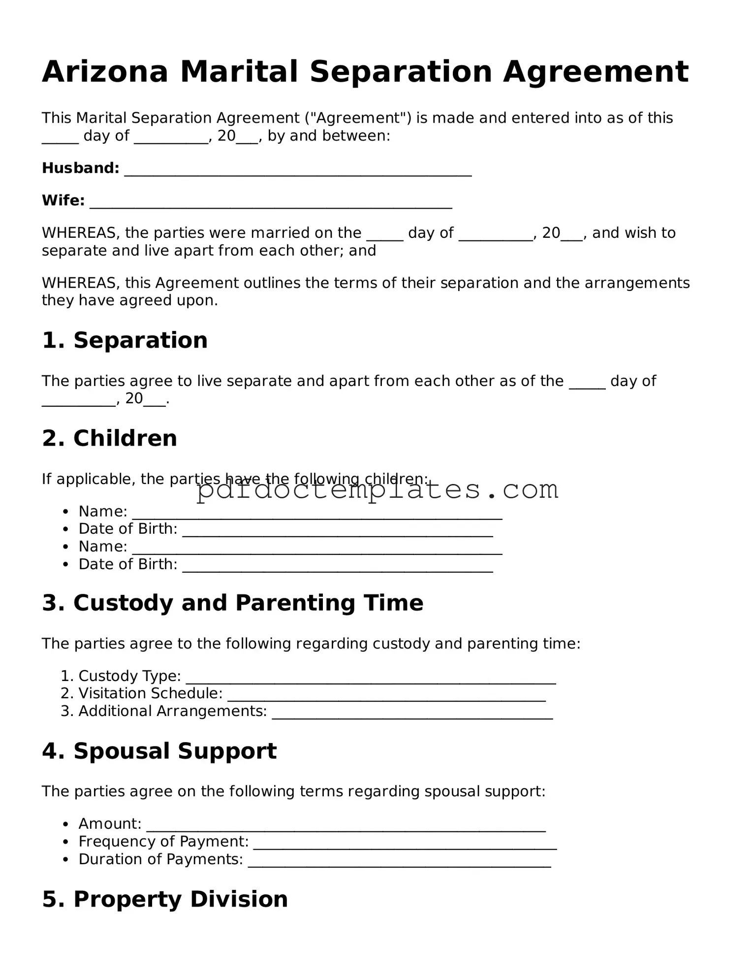 Blank  Marital Separation Agreement Document for Arizona