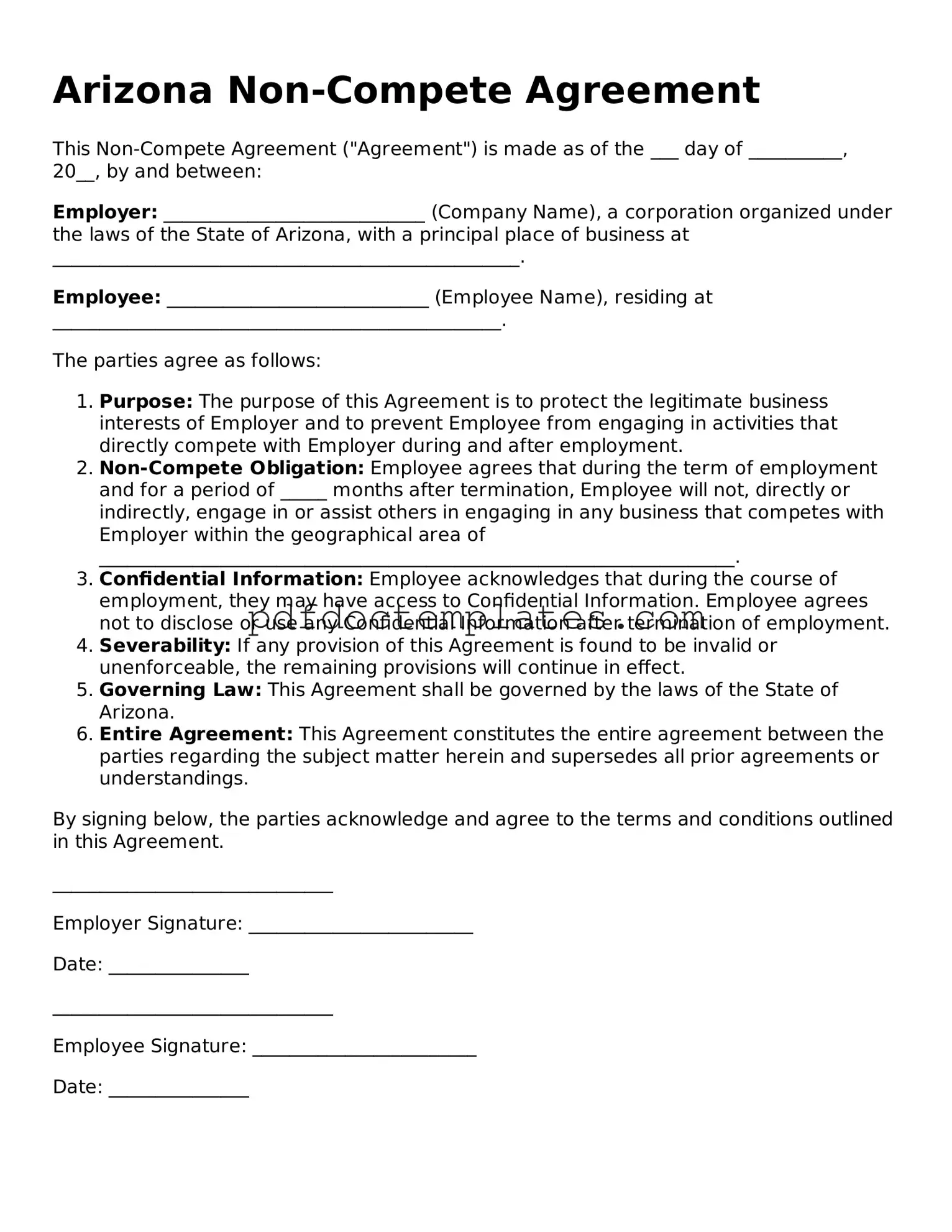 Blank  Non-compete Agreement Document for Arizona