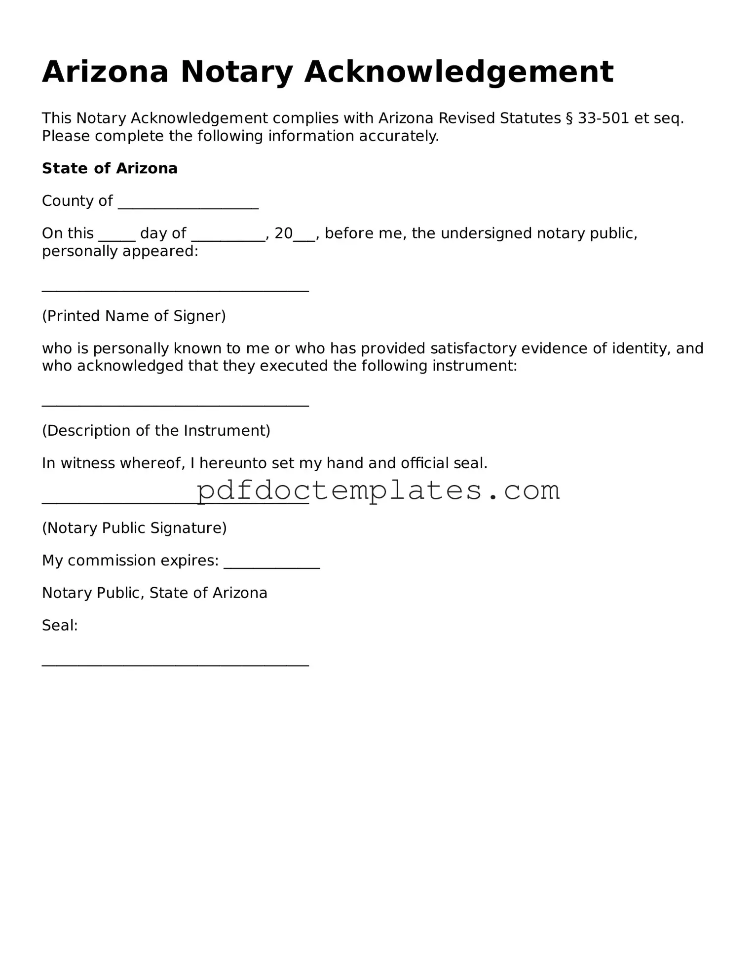 Blank Notary Acknowledgement Document for Arizona