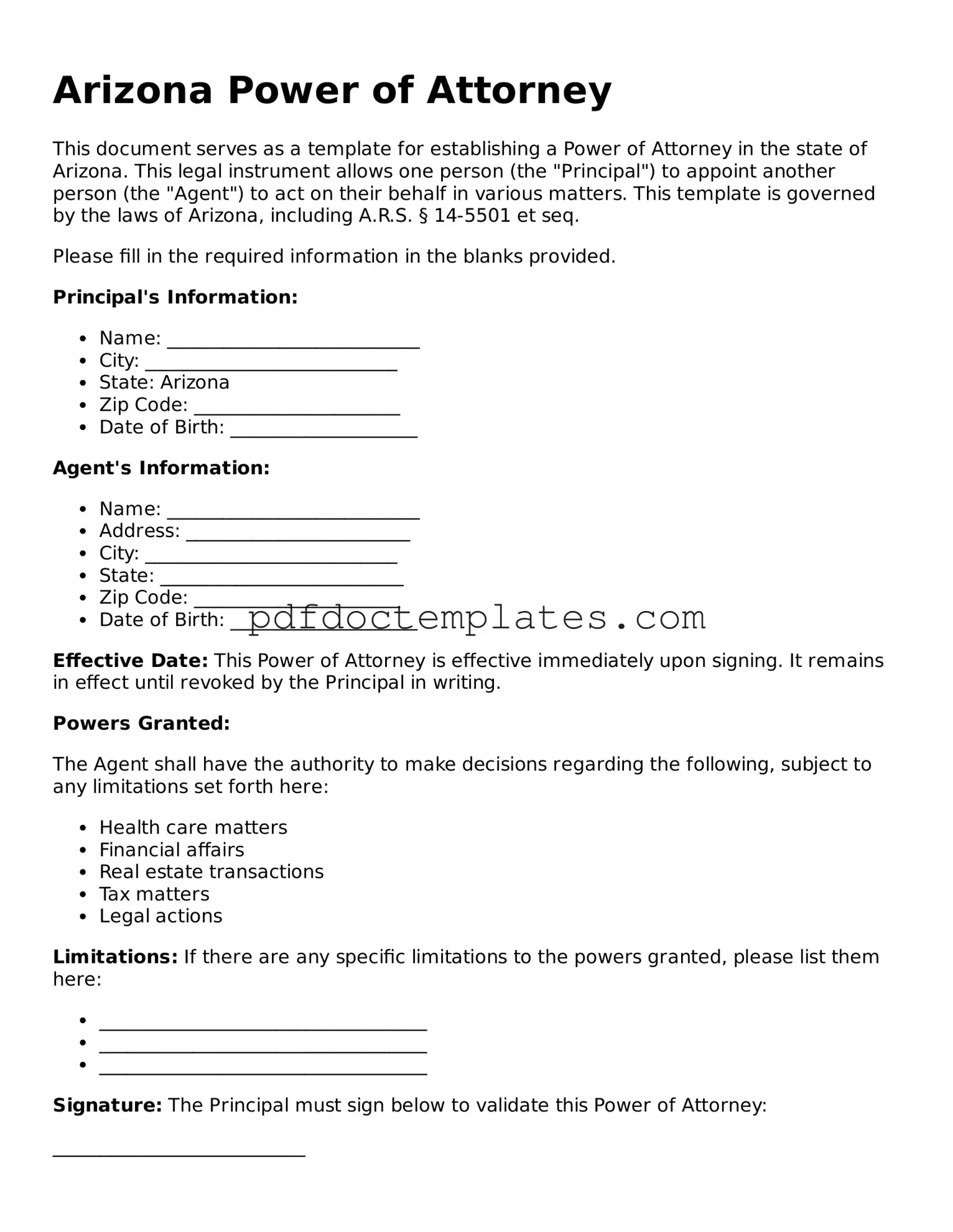 Blank  Power of Attorney Document for Arizona