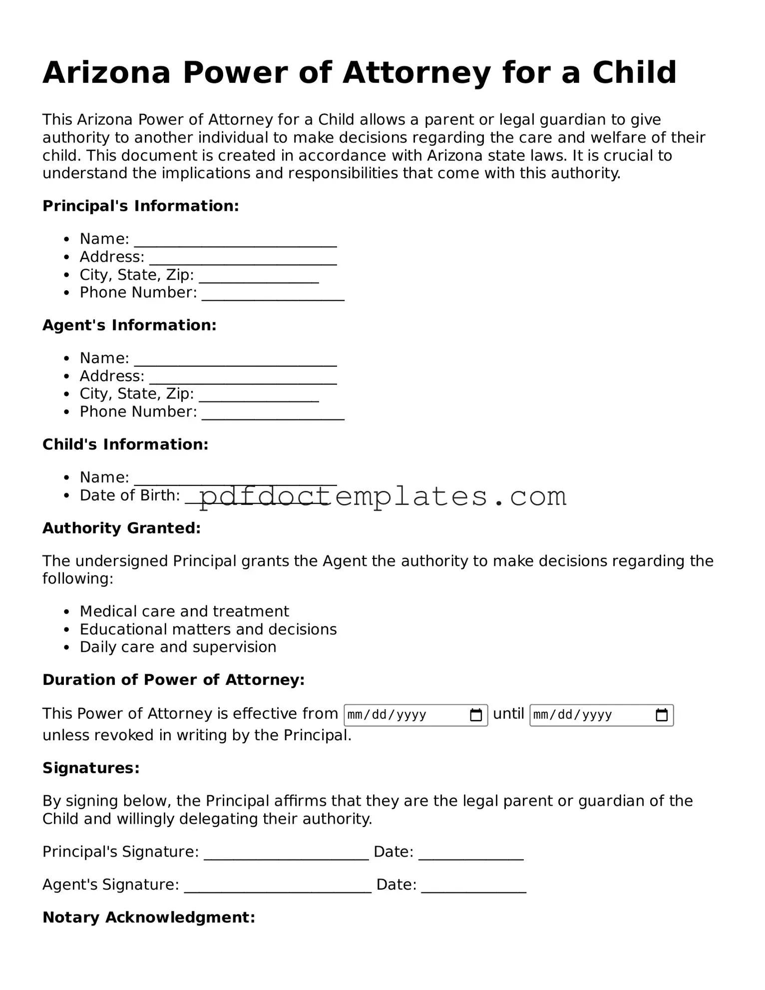 Blank  Power of Attorney for a Child Document for Arizona