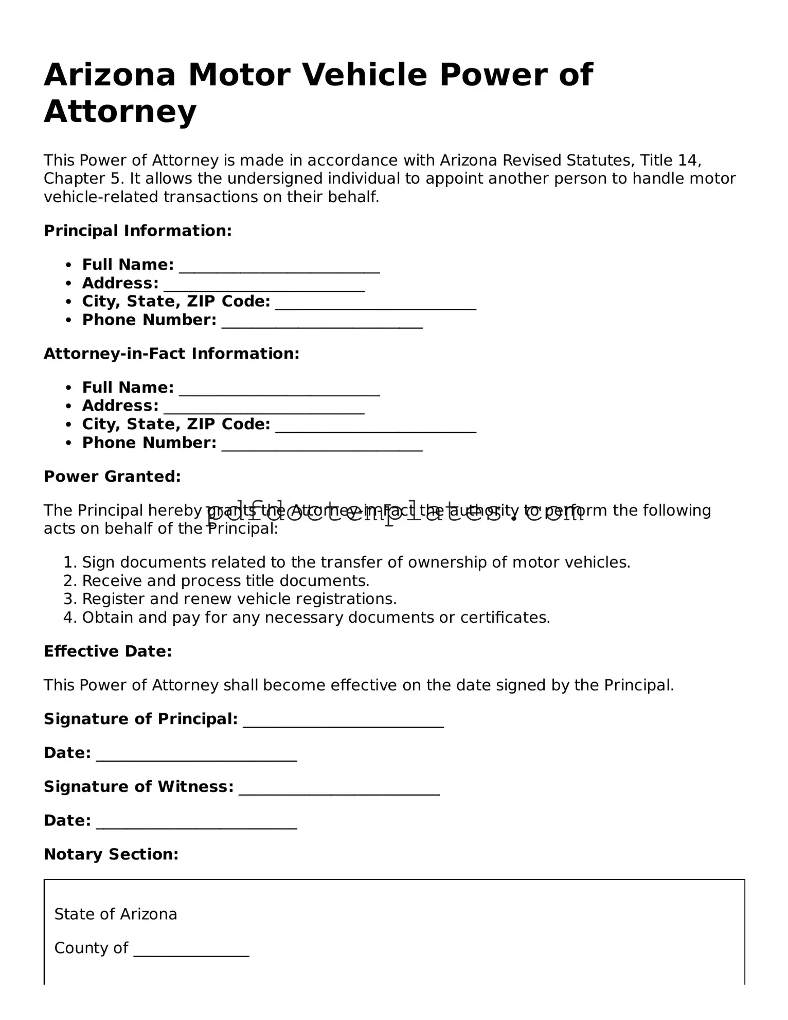 Blank  Motor Vehicle Power of Attorney Document for Arizona