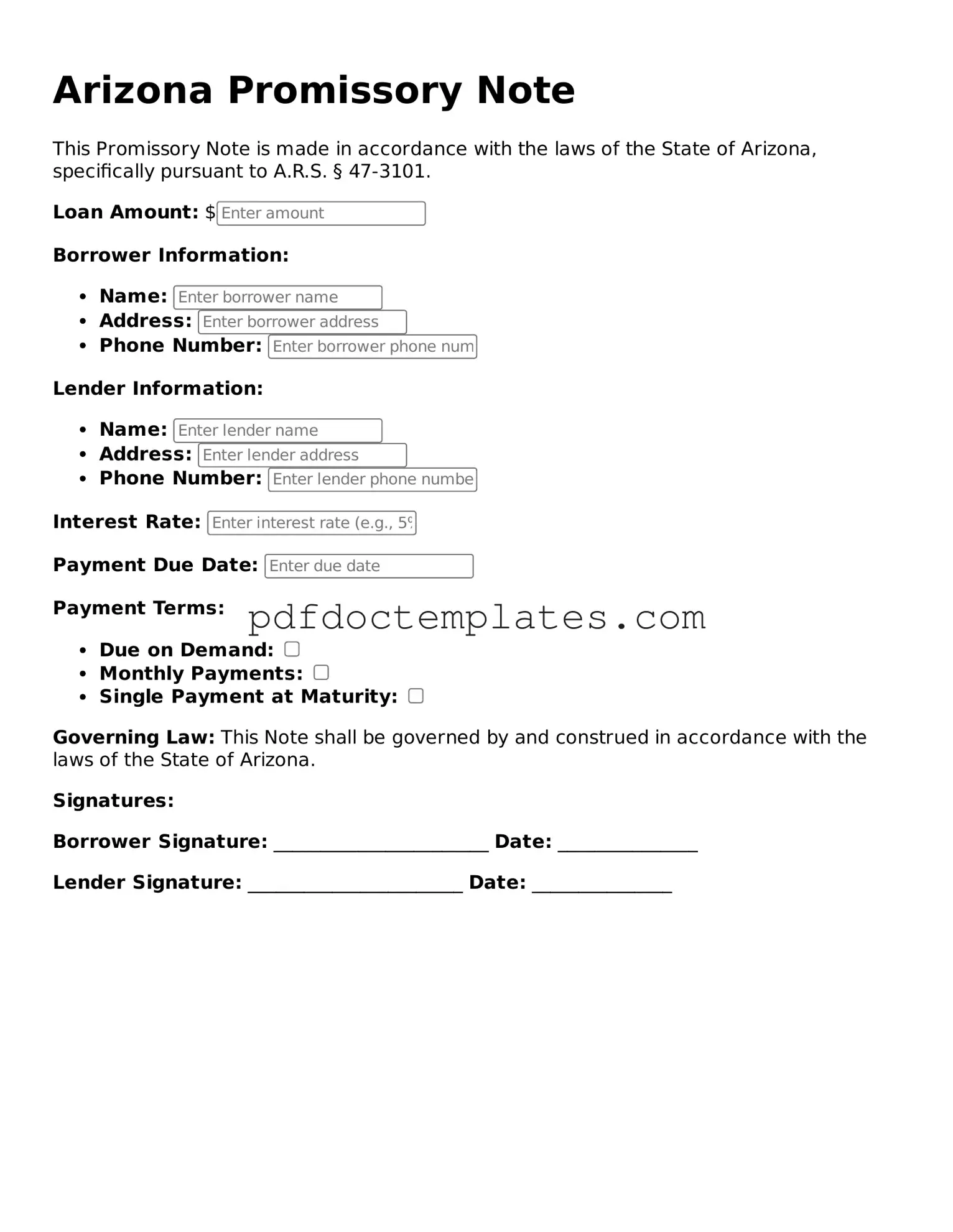 Blank  Promissory Note Document for Arizona