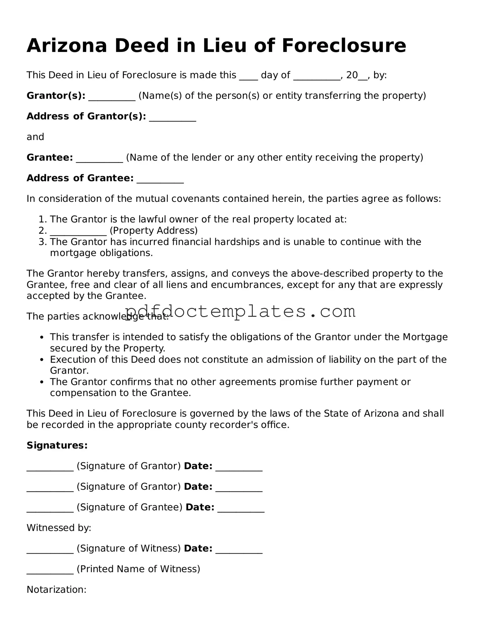 Blank  Deed in Lieu of Foreclosure Document for Arizona