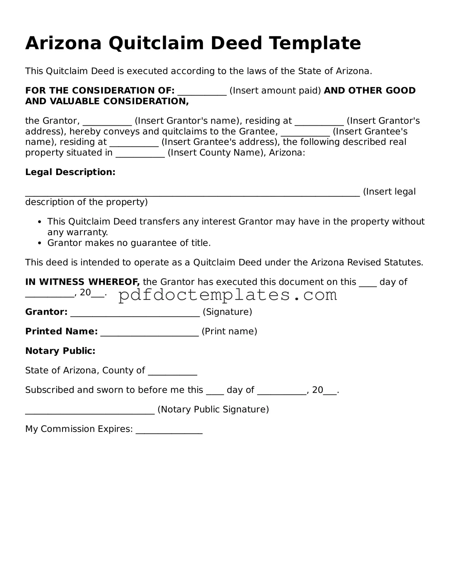 Blank  Quitclaim Deed Document for Arizona
