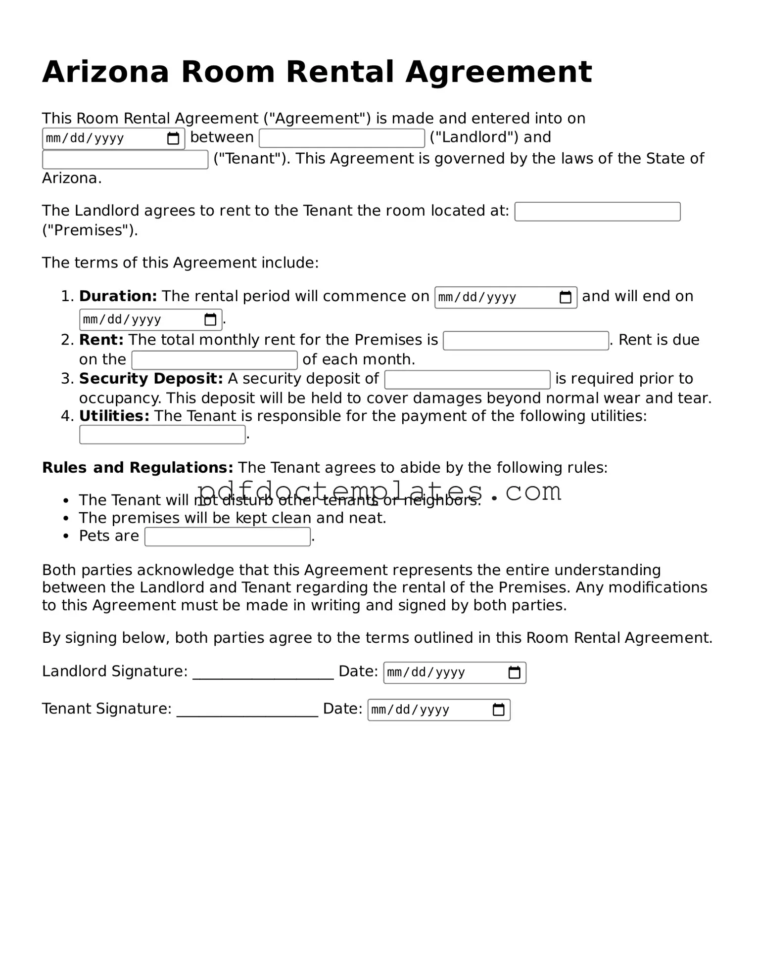 Blank Room Rental Agreement Document for Arizona
