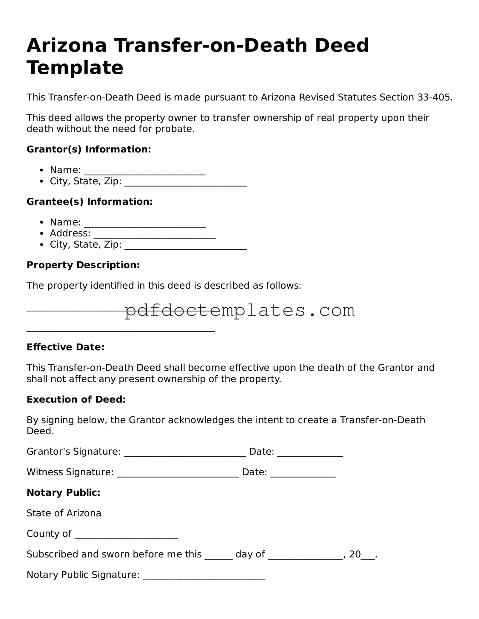 Blank  Transfer-on-Death Deed Document for Arizona