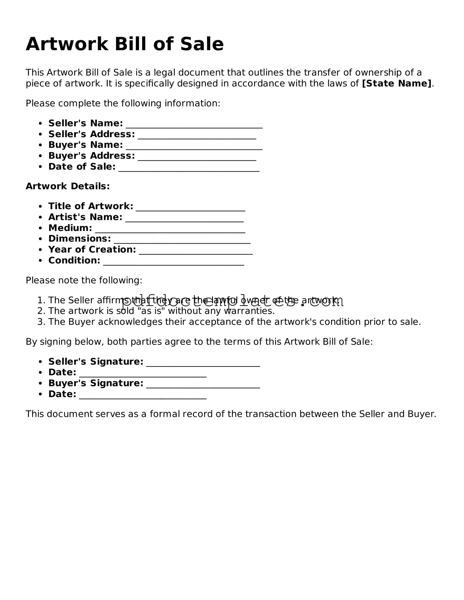 Printable Artwork Bill of Sale Template