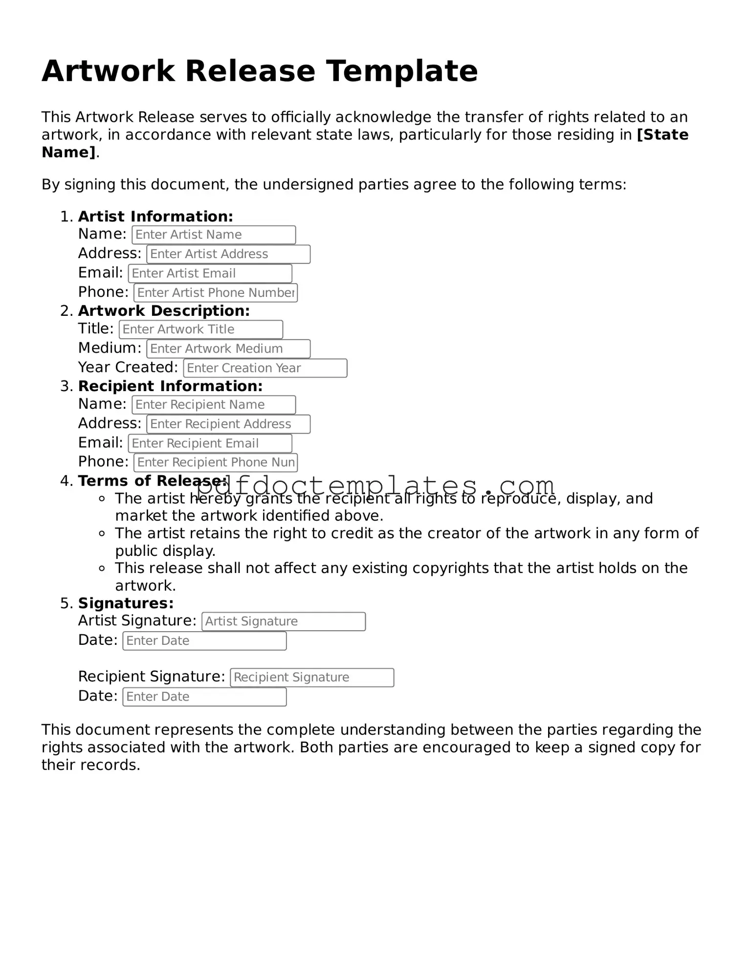 Printable Artwork Release Template