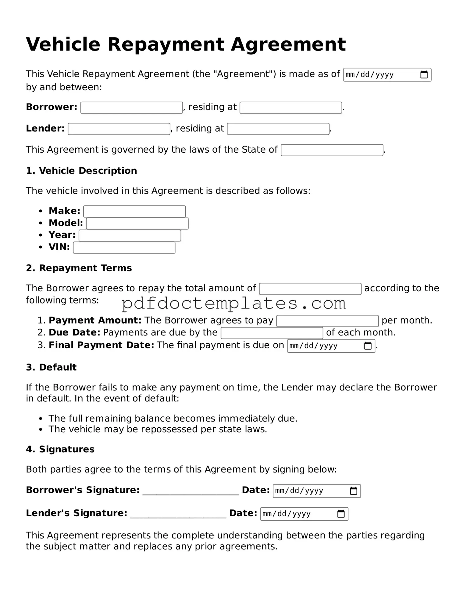 Printable Vehicle Repayment Agreement Template