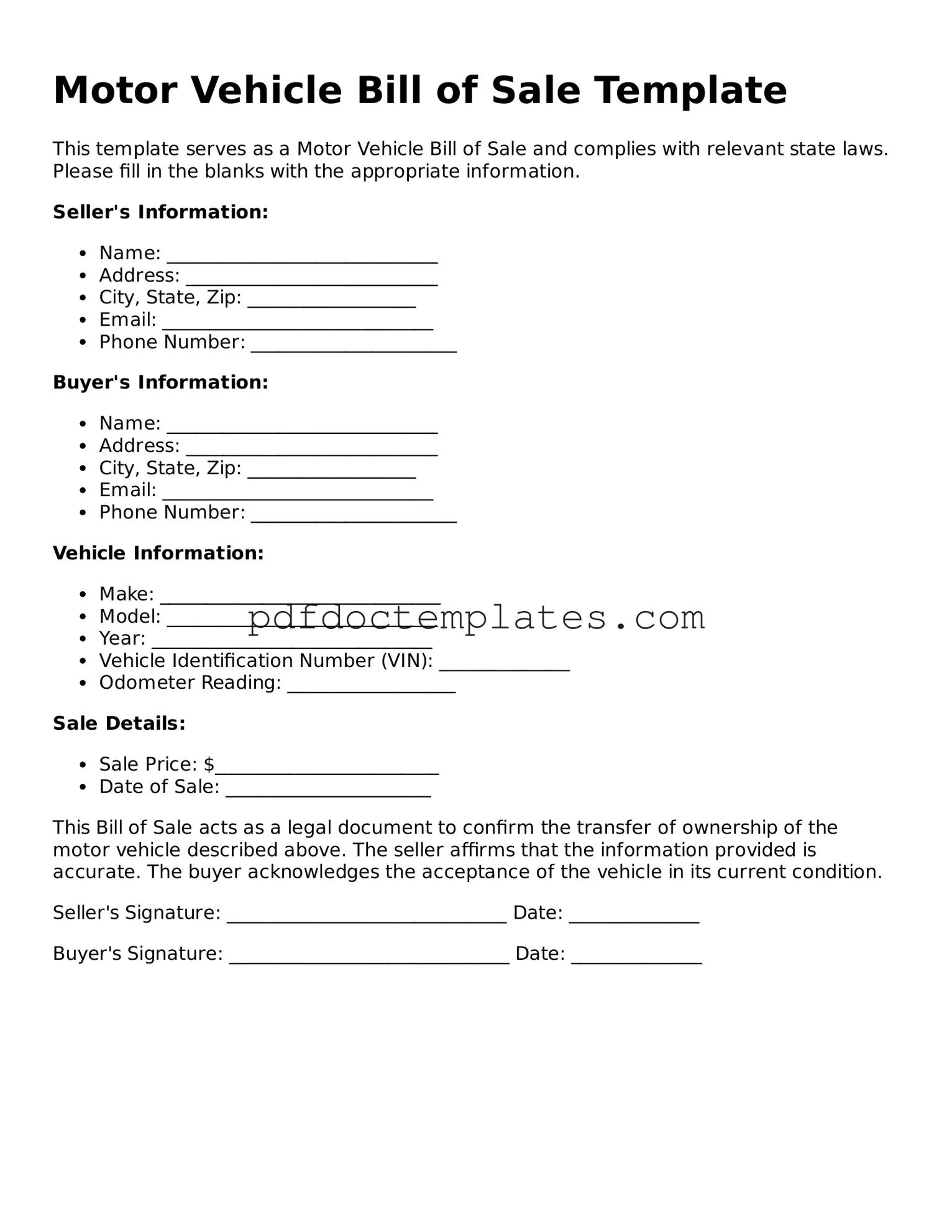 Printable Motor Vehicle Bill of Sale Template