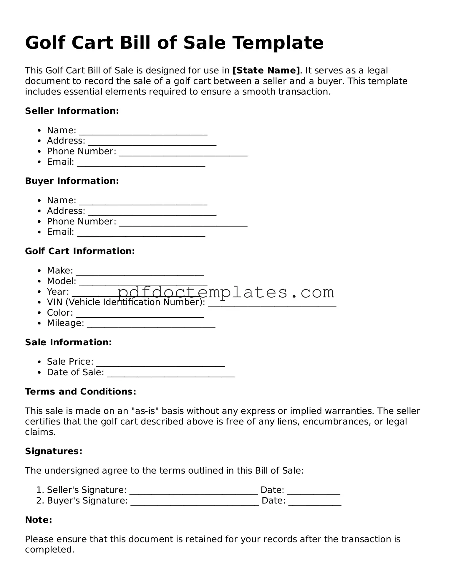 Printable Golf Cart Bill of Sale Template