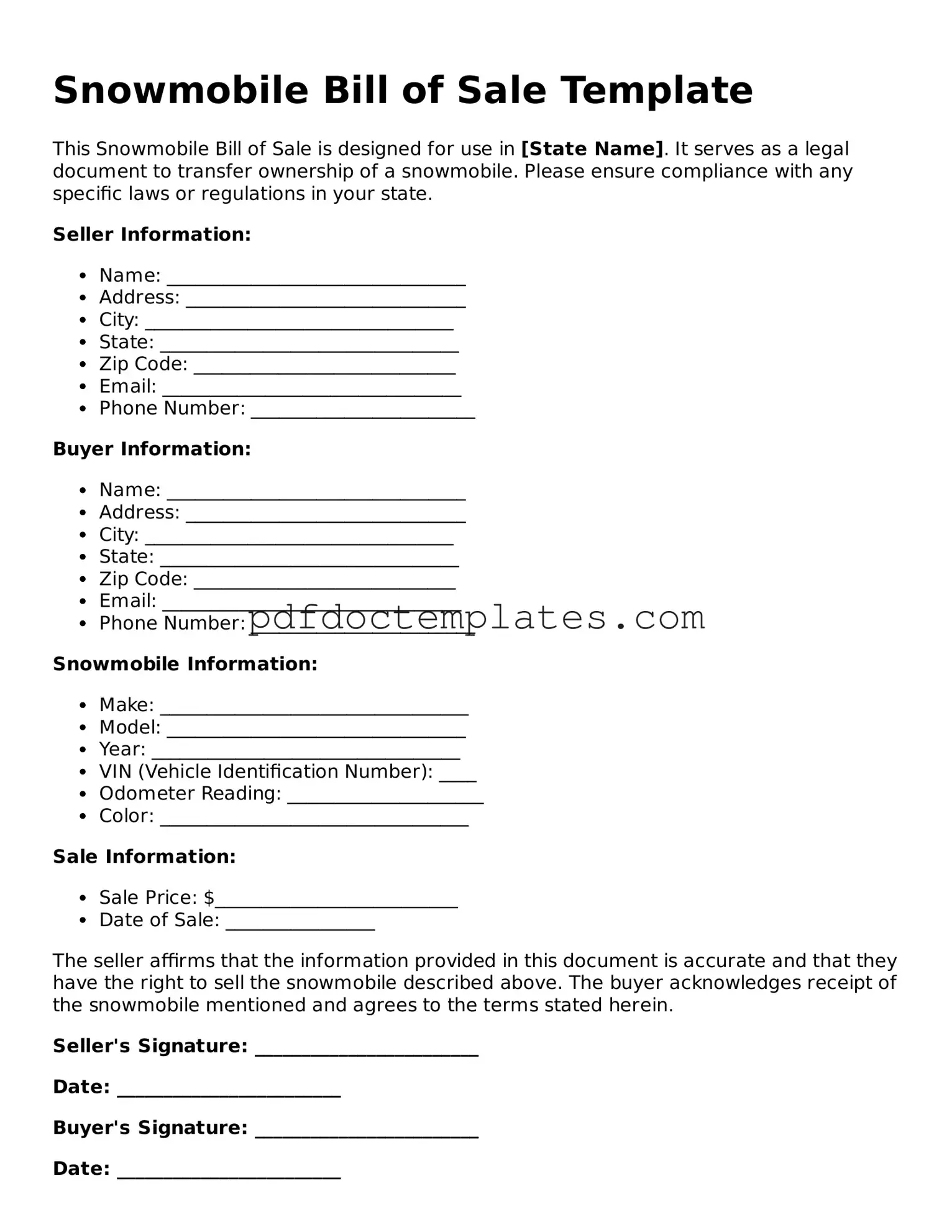 Printable Snowmobile Bill of Sale Template