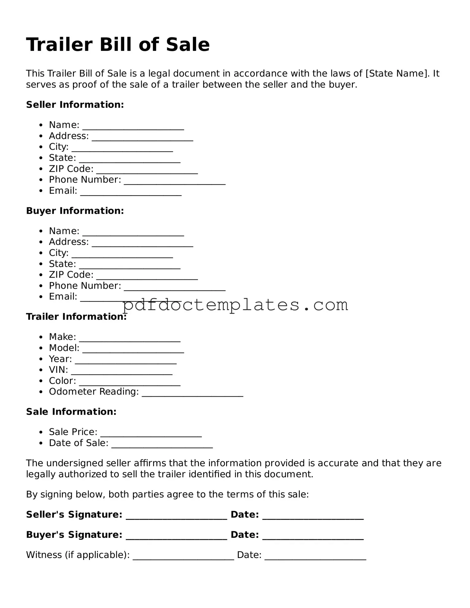 Printable Trailer Bill of Sale Template