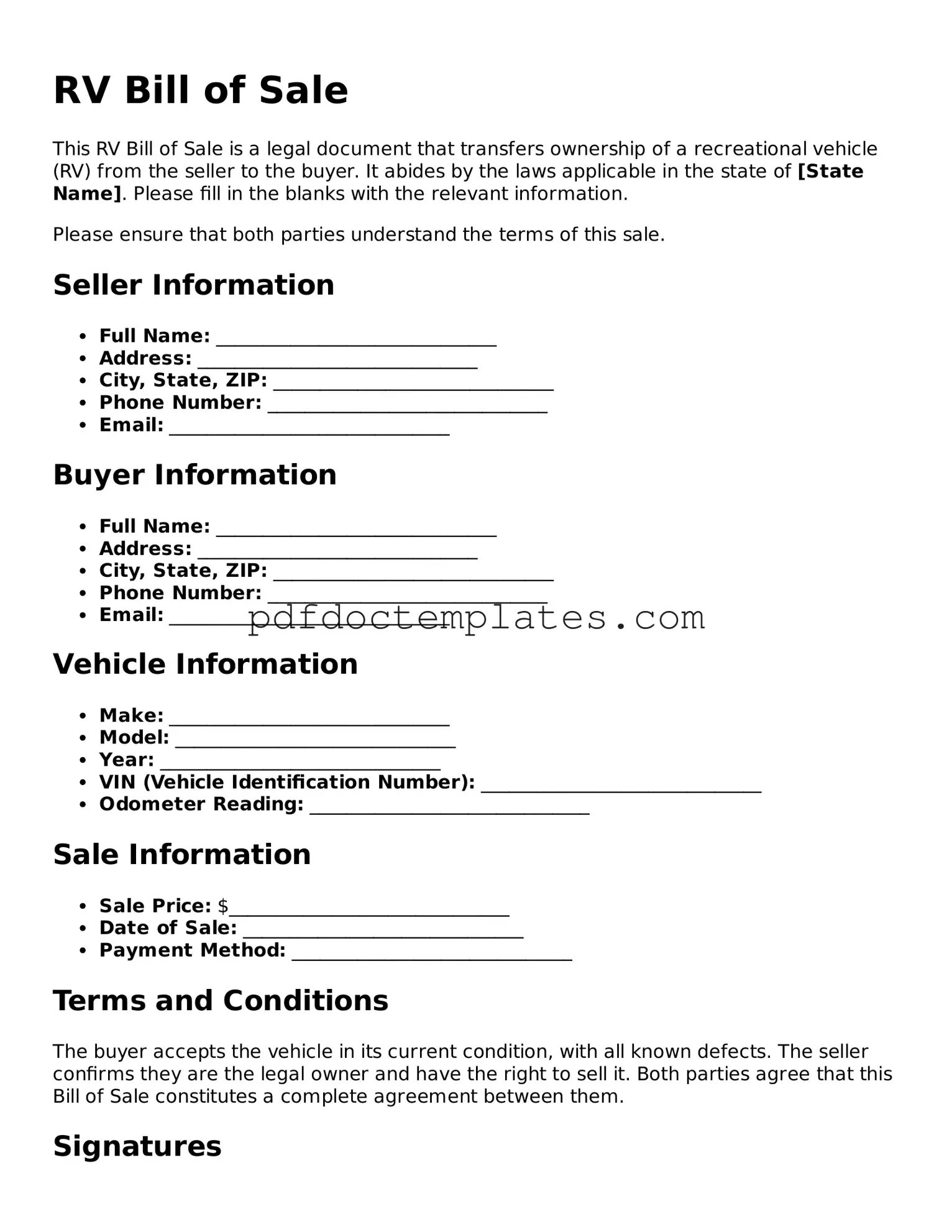 Printable RV Bill of Sale Template